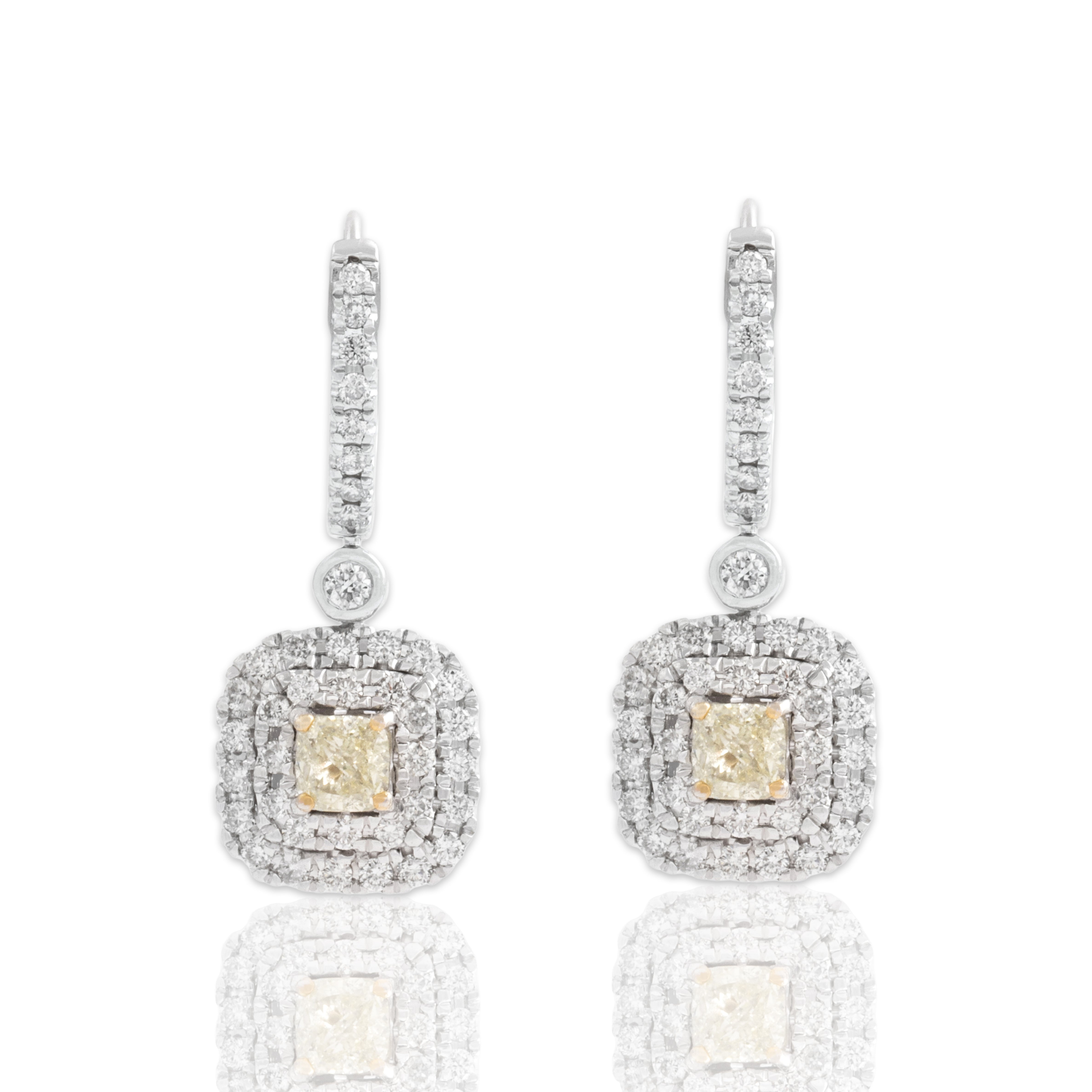 Estate 14k White & Yellow Gold .51cttw White Diamond Yellow Diamond Incredible Glittering Cushion Dangle Earrings - Close-up view