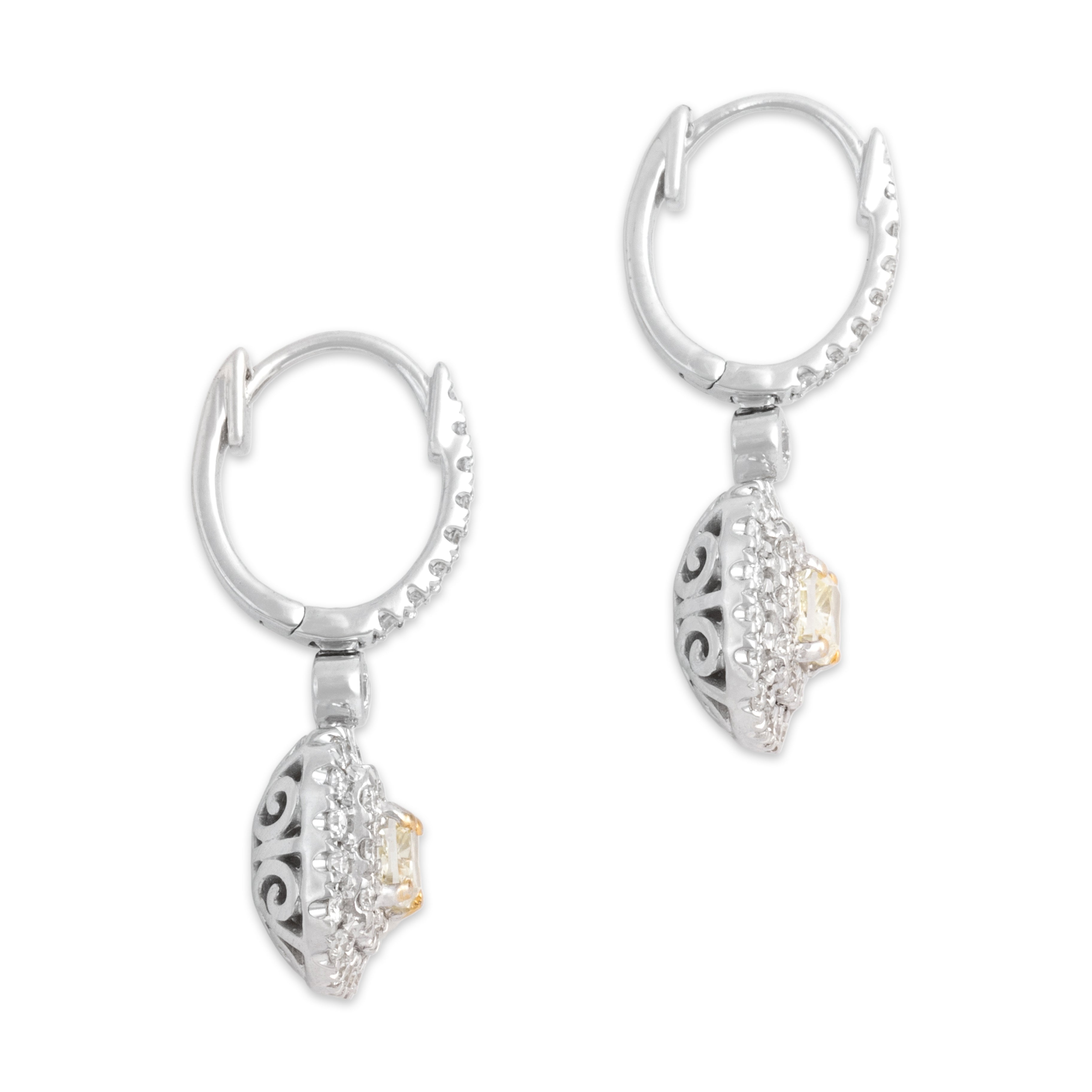 Estate 14k White & Yellow Gold .51cttw White Diamond Yellow Diamond Incredible Glittering Cushion Dangle Earrings - Side view