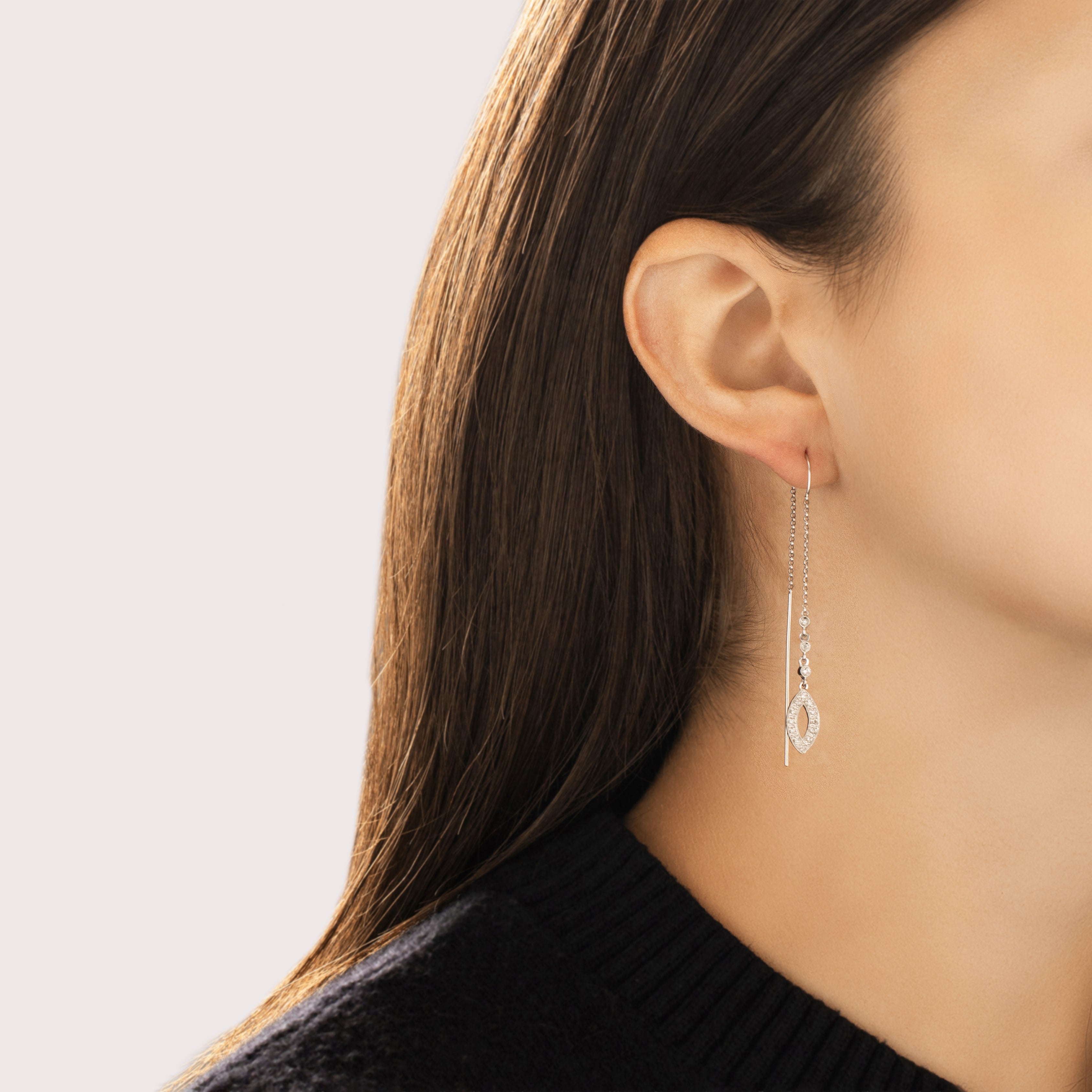 Estate 14k White Gold Diamond Sparkling Navette Drop Threader Dangle Earrings - On model view