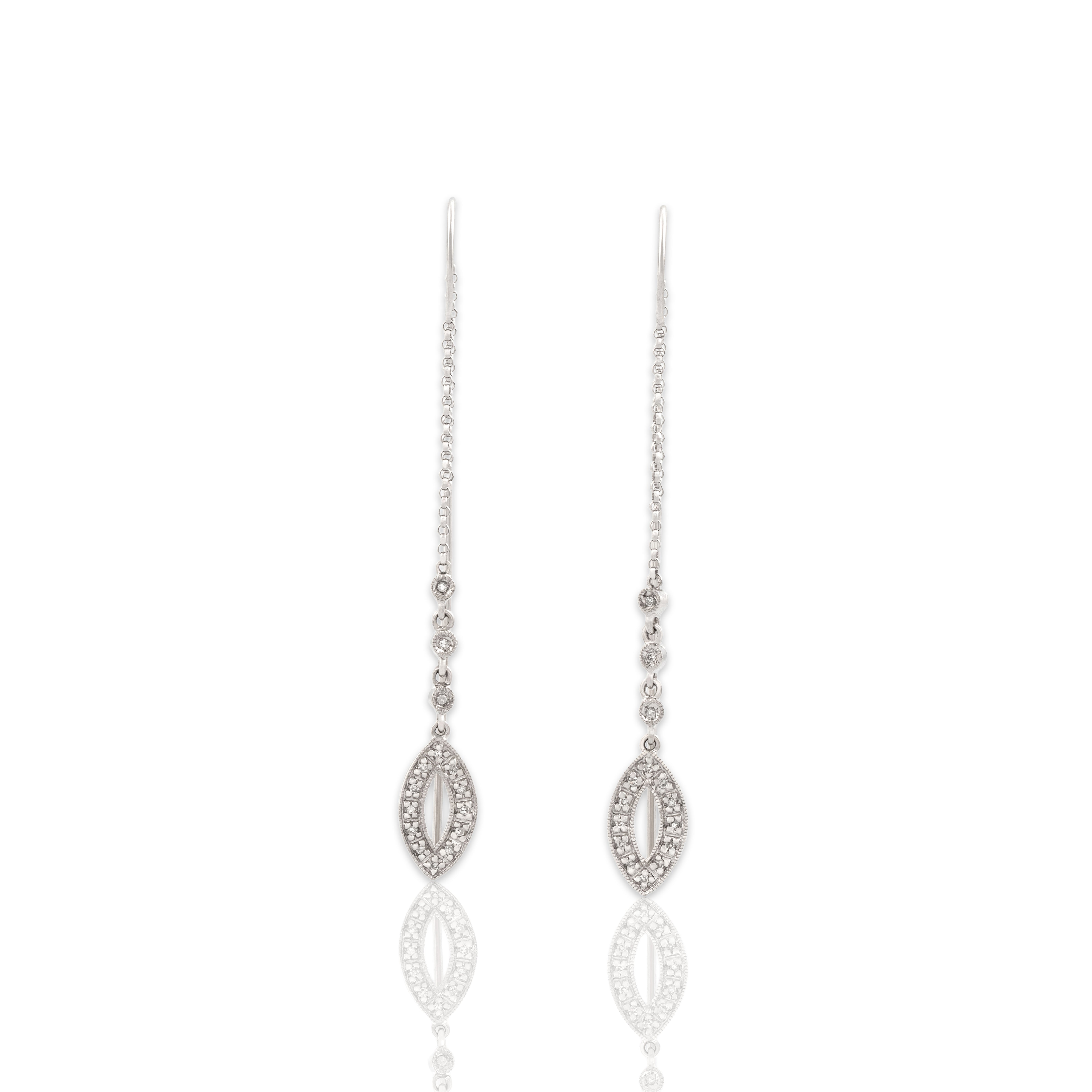 Estate 14k White Gold Diamond Sparkling Navette Drop Threader Dangle Earrings - Close-up view