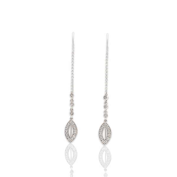 Estate 14k White Gold Diamond Sparkling Navette Drop Threader Dangle Earrings
