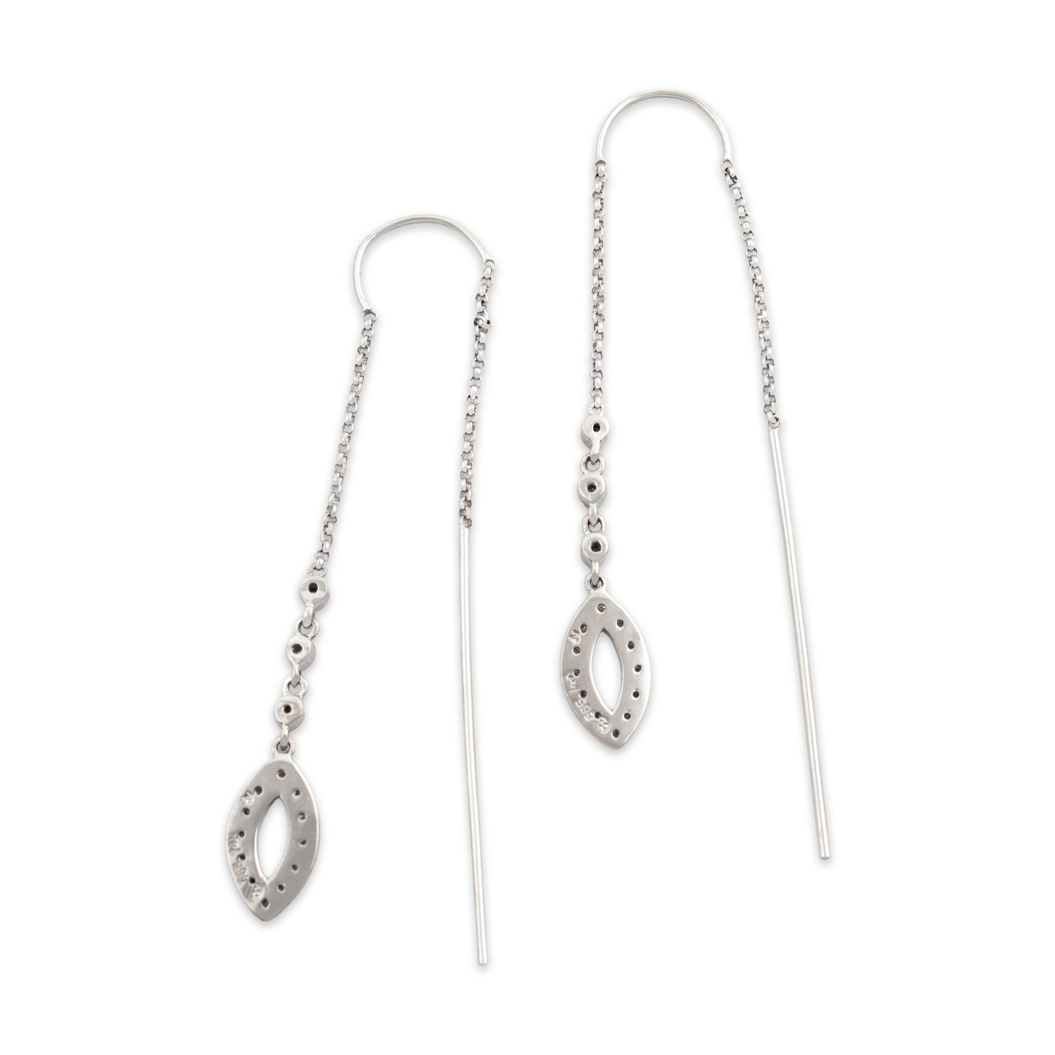 Estate 14k White Gold Diamond Sparkling Navette Drop Threader Dangle Earrings - Back view