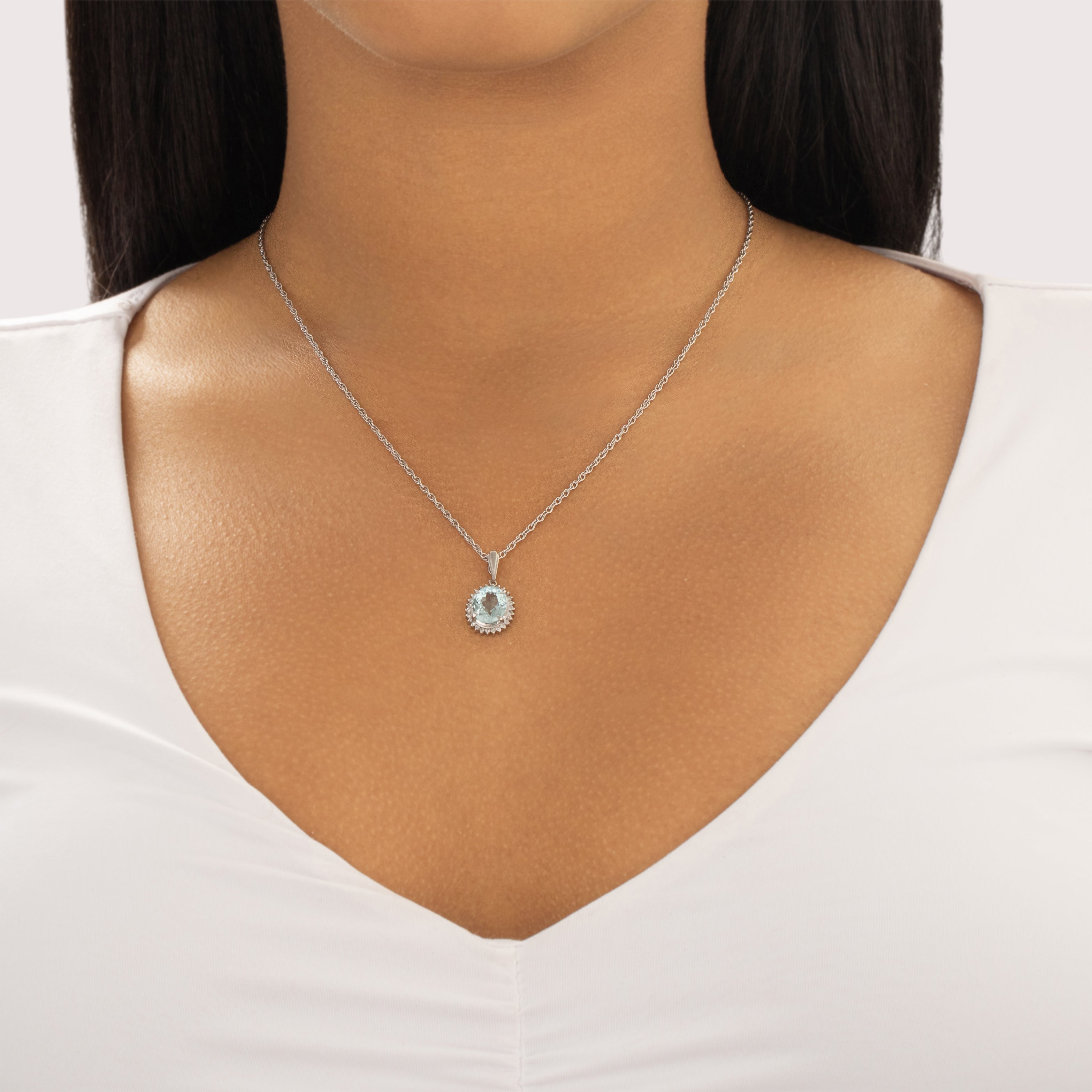 Vintage Platinum 2.92ct Aquamarine Diamond Icy Oval Halo Pendant - On model view