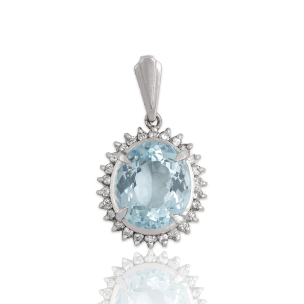 Vintage Platinum 2.92ct Aquamarine Diamond Icy Oval Halo Pendant