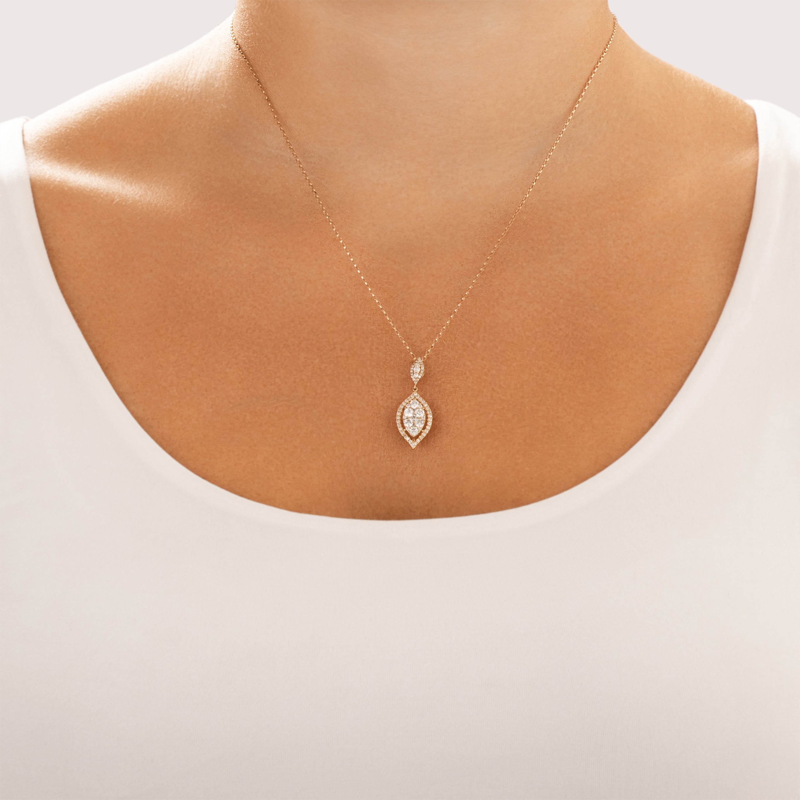Vintage 14k Yellow Gold .74cttw Diamond Sparkling Tiered Leaf Cluster Slide Pendant - On model view