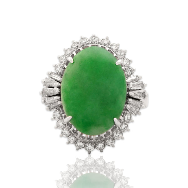 Vintage 14k White Gold 3.74ct Jade .57cttw Diamond Fantastic Multi-Cut Ring 7.00