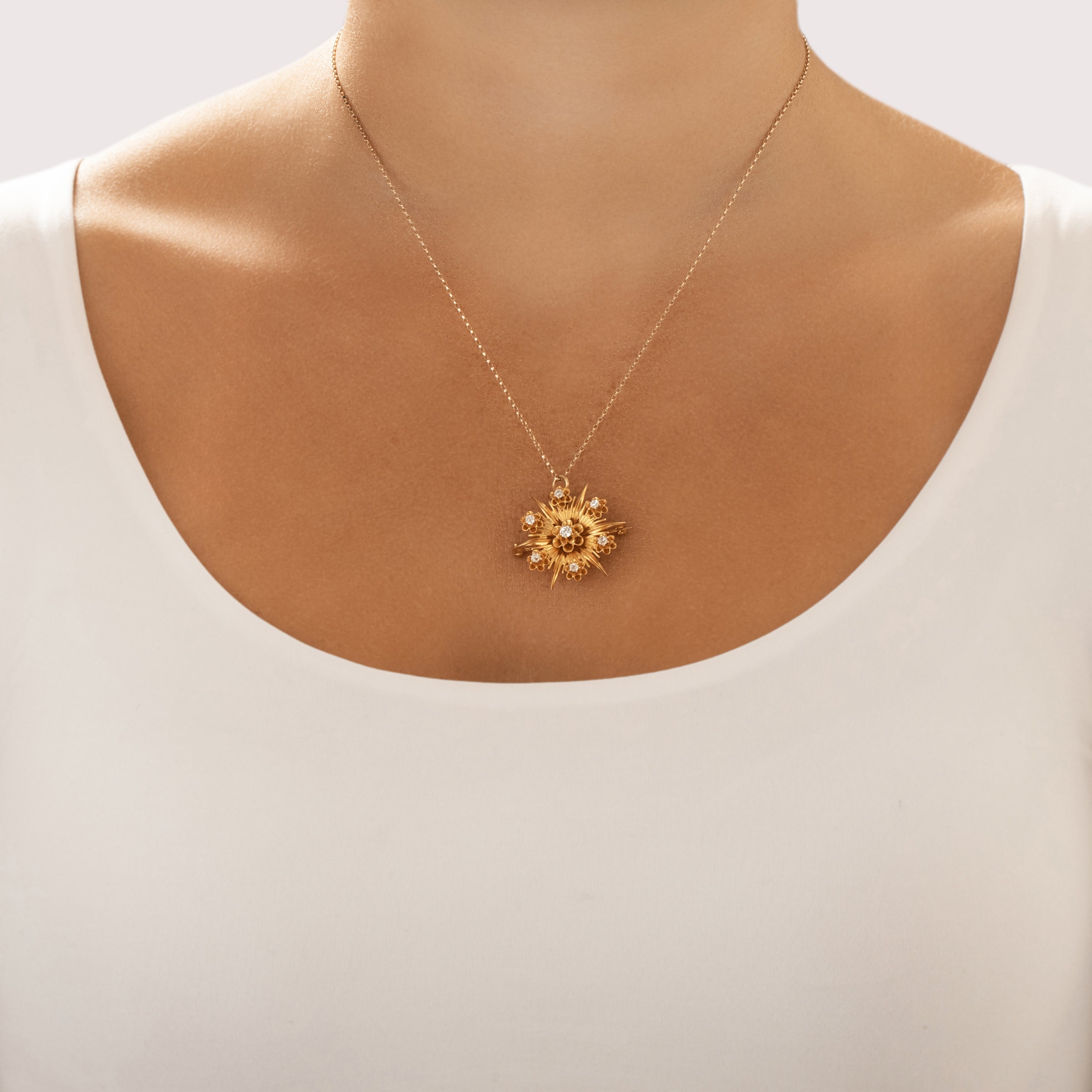 Vintage 14k Yellow Gold Old Mine Cut Diamond Splendid Buttercup Starburst Pin / Pendant - On model view