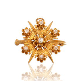 Vintage 14k Yellow Gold Old Mine Cut Diamond Splendid Starburst Pin / Pendant