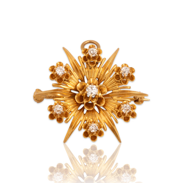 Vintage 14k Yellow Gold Old Mine Cut Diamond Splendid Buttercup Starburst Pin / Pendant - Close-up view