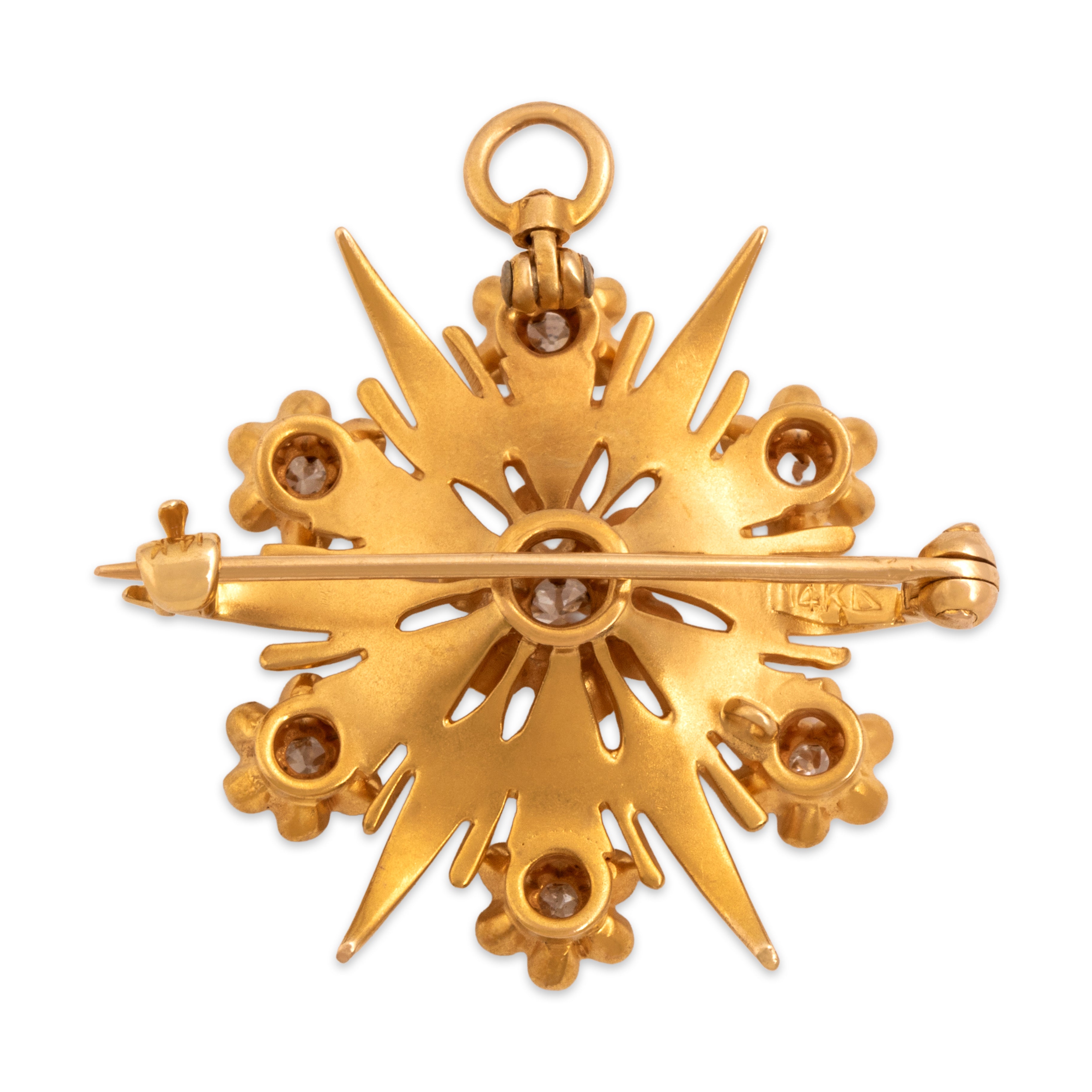 Vintage 14k Yellow Gold Old Mine Cut Diamond Splendid Buttercup Starburst Pin / Pendant - Back view
