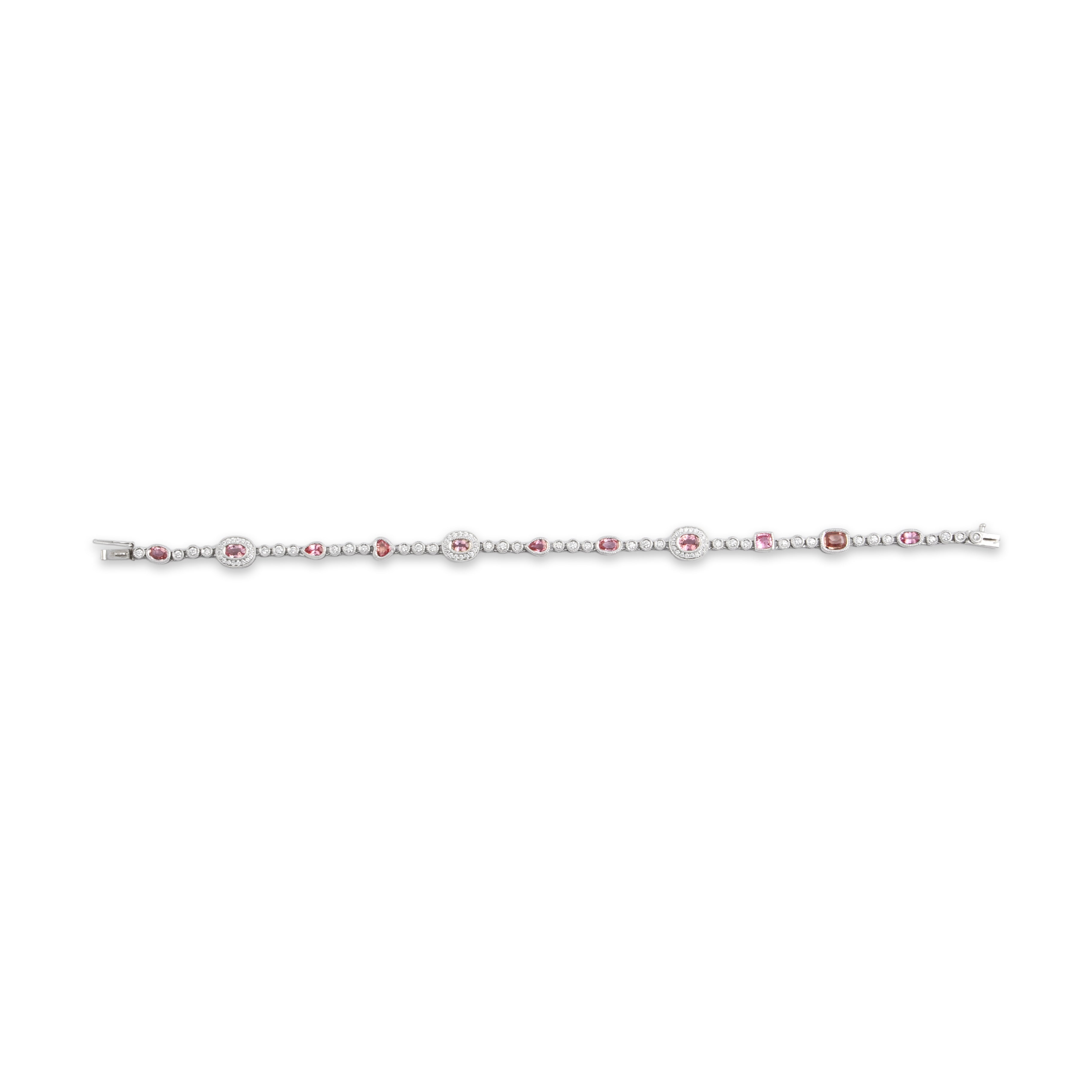 Vintage 18k & 14k White Gold 2.44cttw Pink Pink-Orange Sapphire .7cttw Diamond Fabulous Multi-Cut Link Bracelet - Overall view