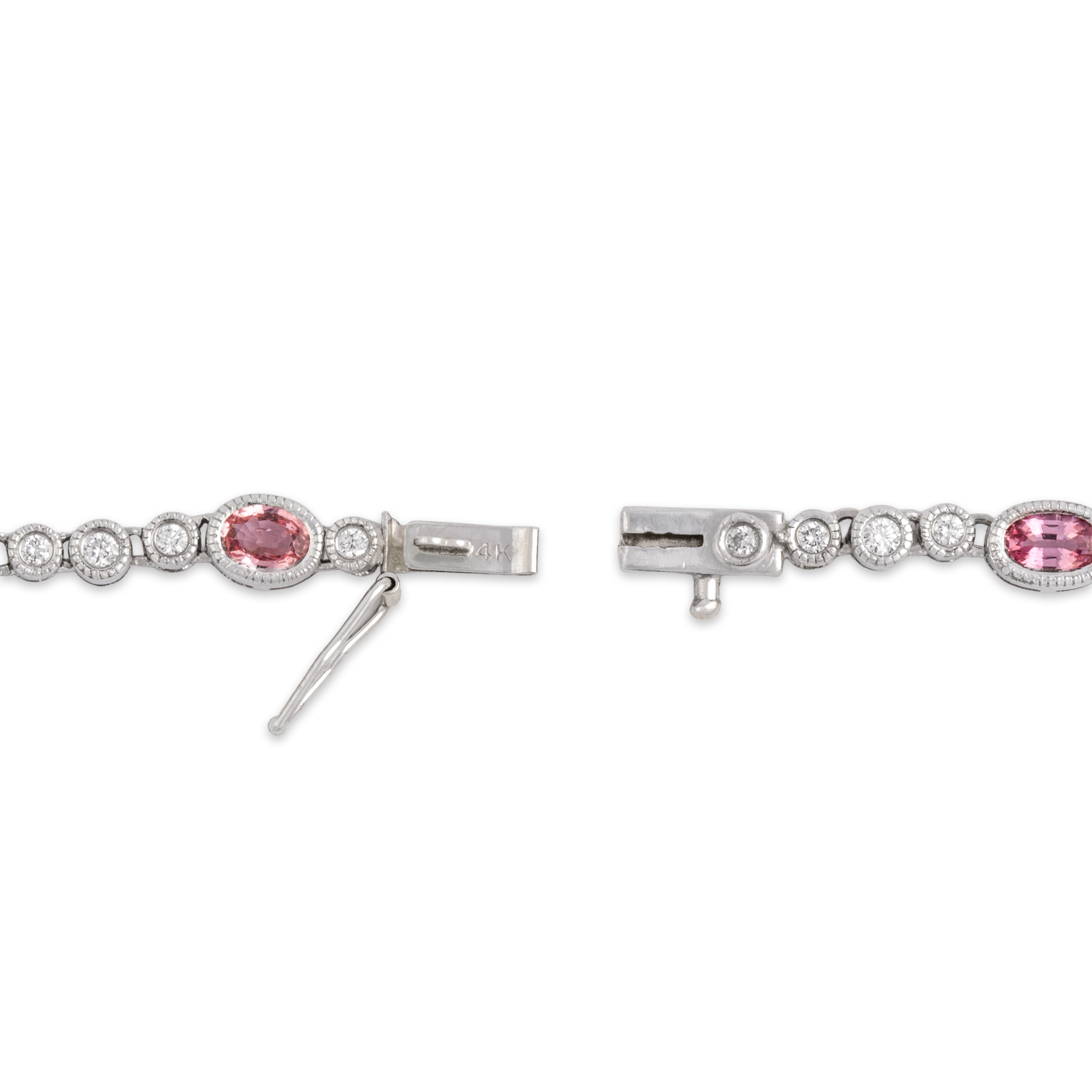 Vintage 18k & 14k White Gold 2.44cttw Pink Pink-Orange Sapphire .7cttw Diamond Fabulous Multi-Cut Link Bracelet - clasp view
