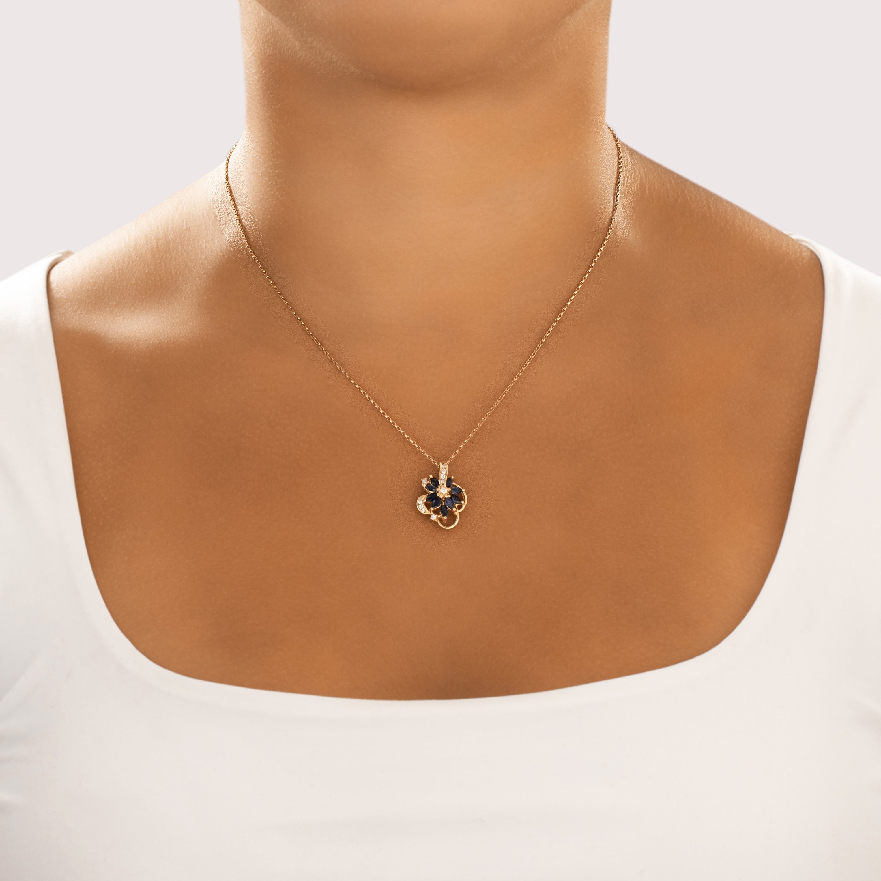 Vintage 14k Yellow Gold .67cttw Blue Sapphire Diamond Sparkling Burst Cluster Pendant - On model view