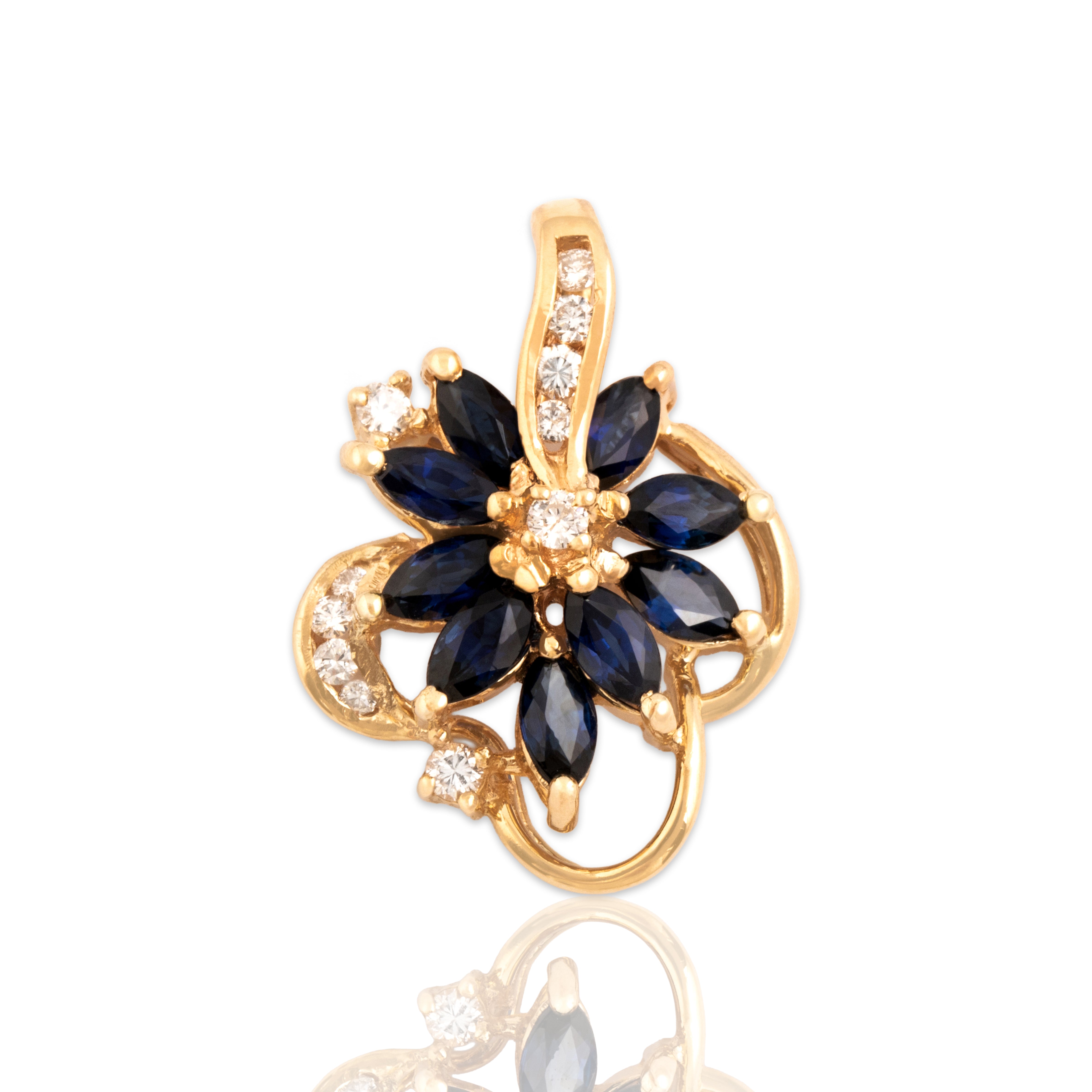 Vintage 14k Yellow Gold .67cttw Blue Sapphire Diamond Sparkling Burst Cluster Pendant - Close-up view