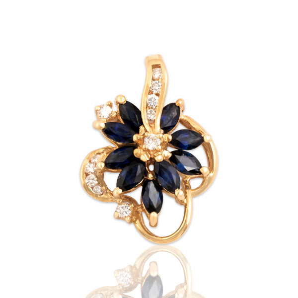 Vintage 14k Yellow Gold .67cttw Blue Sapphire Diamond Sparkling Cluster Pendant