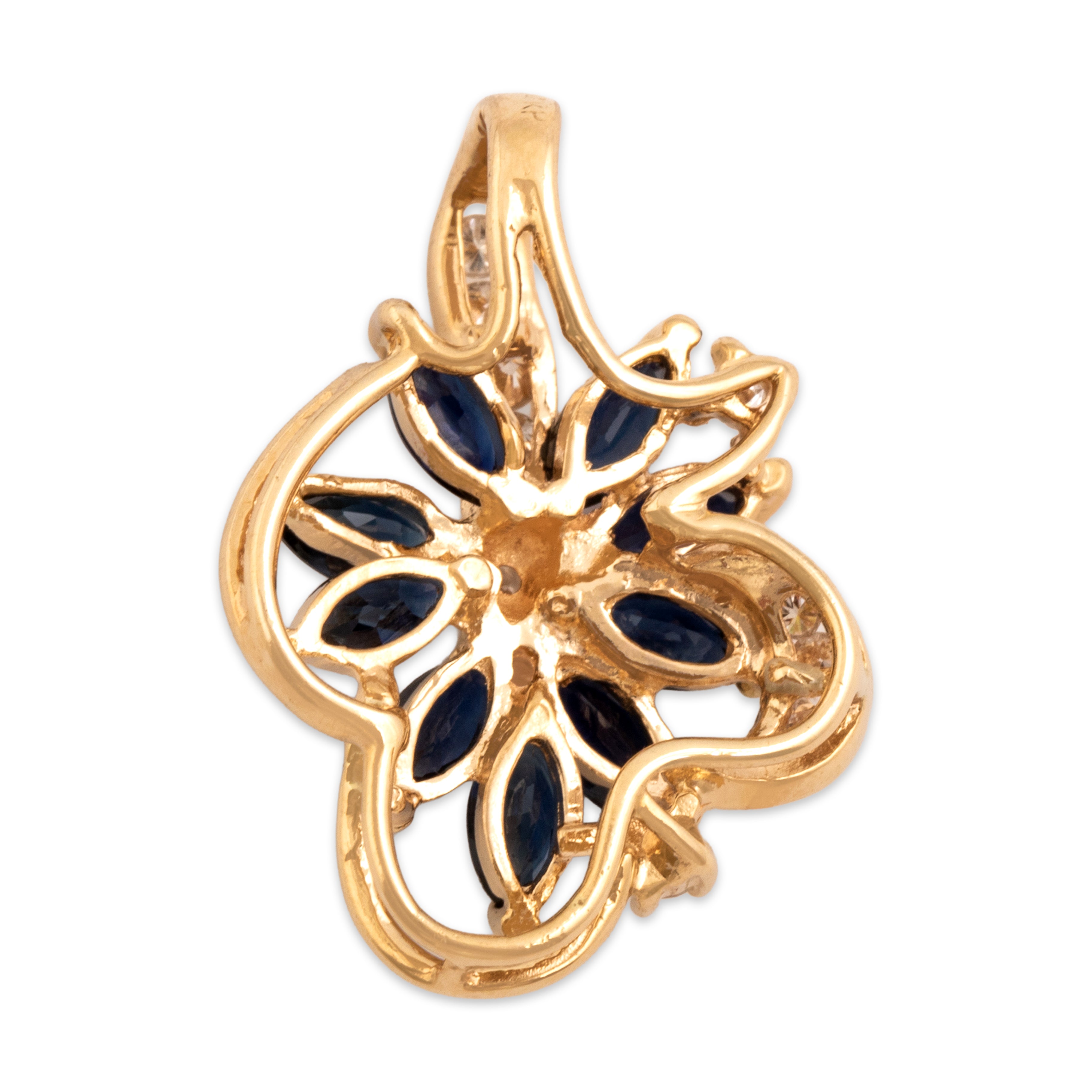 Vintage 14k Yellow Gold .67cttw Blue Sapphire Diamond Sparkling Burst Cluster Pendant - Back view