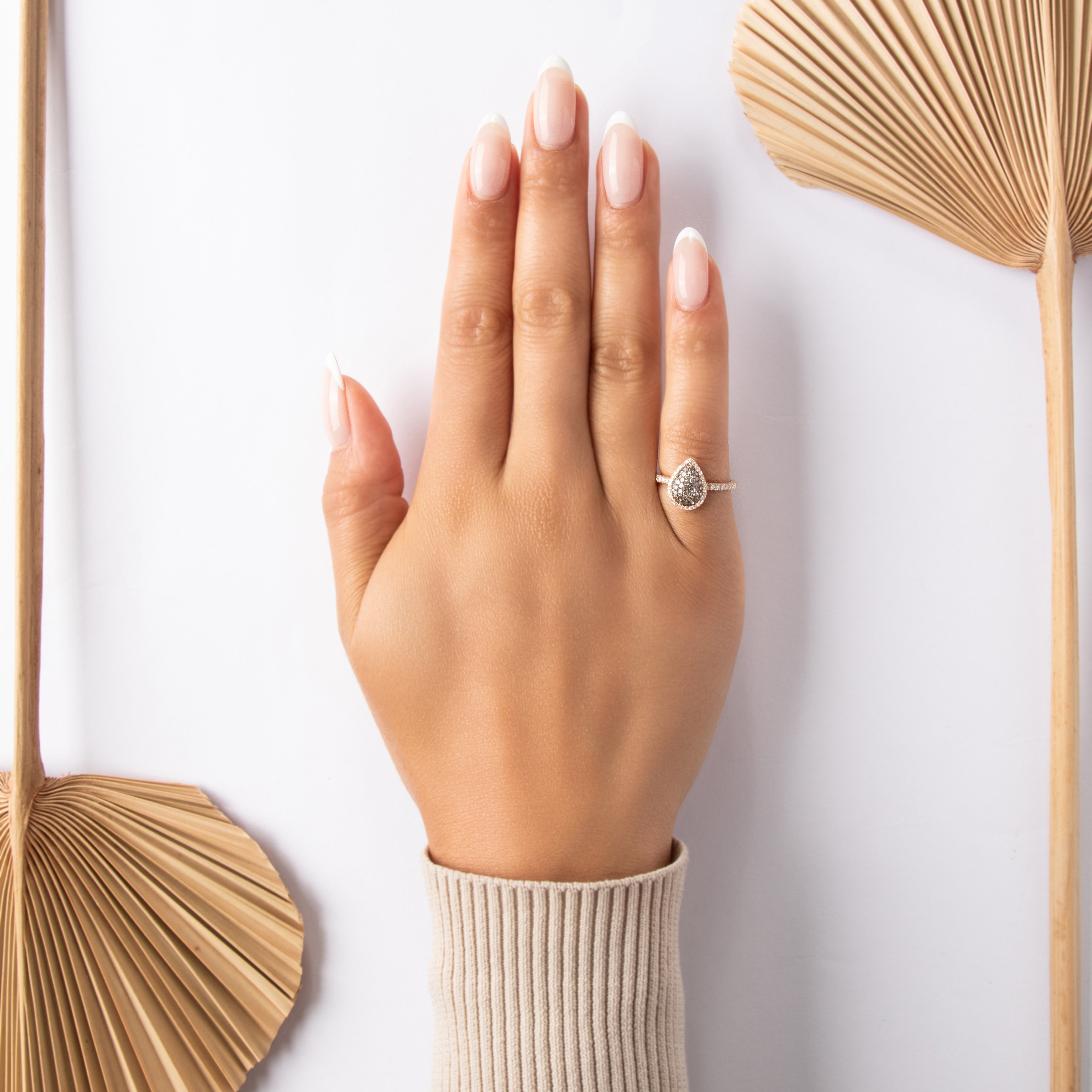Estate 14k Rose Gold Chocolate Diamond White Diamond Fantastic Glittering Pear Ring - On model view