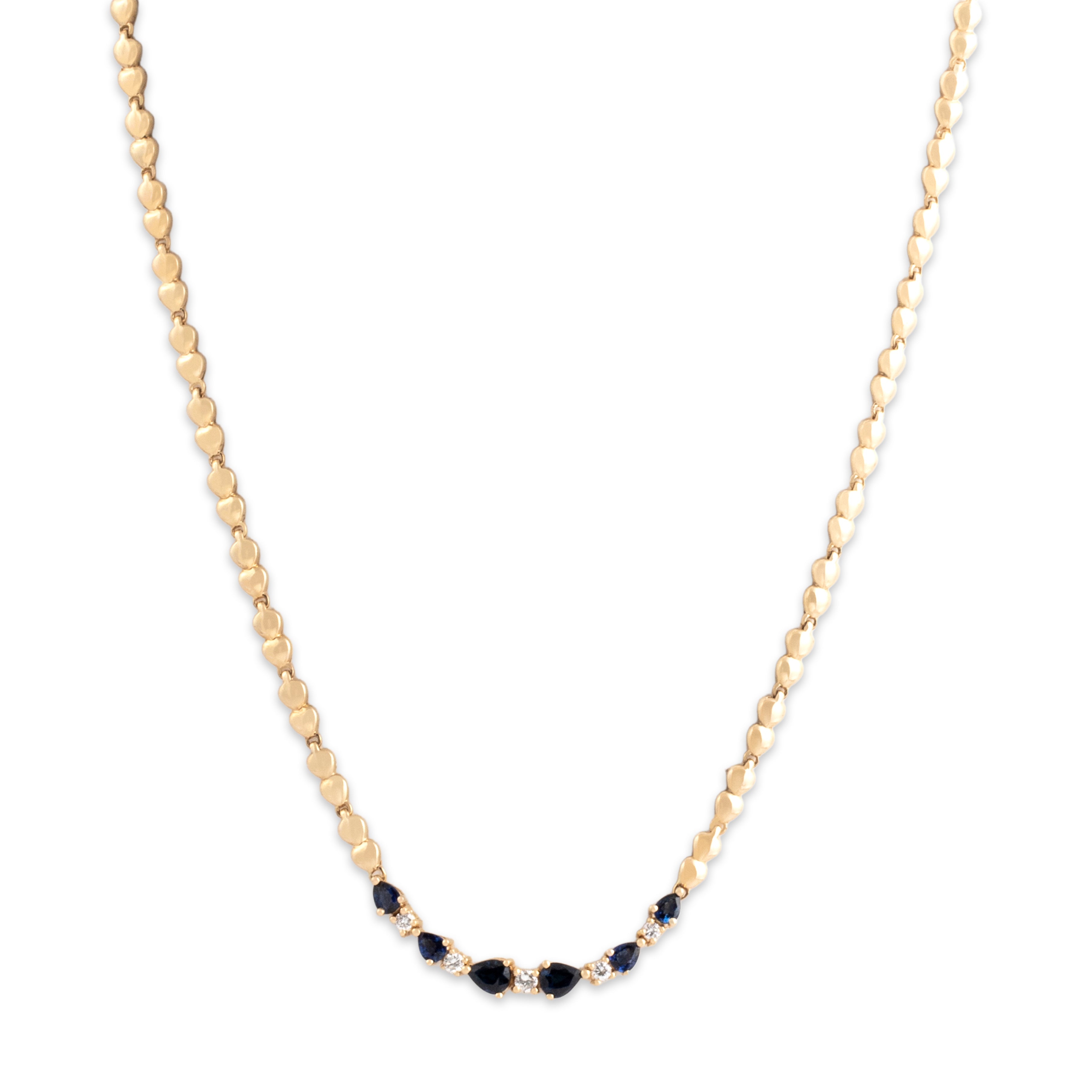 Vintage 14k Yellow Gold 1.17cttw Blue Sapphire Diamond Elegant Pear Link Necklace - Close-up view