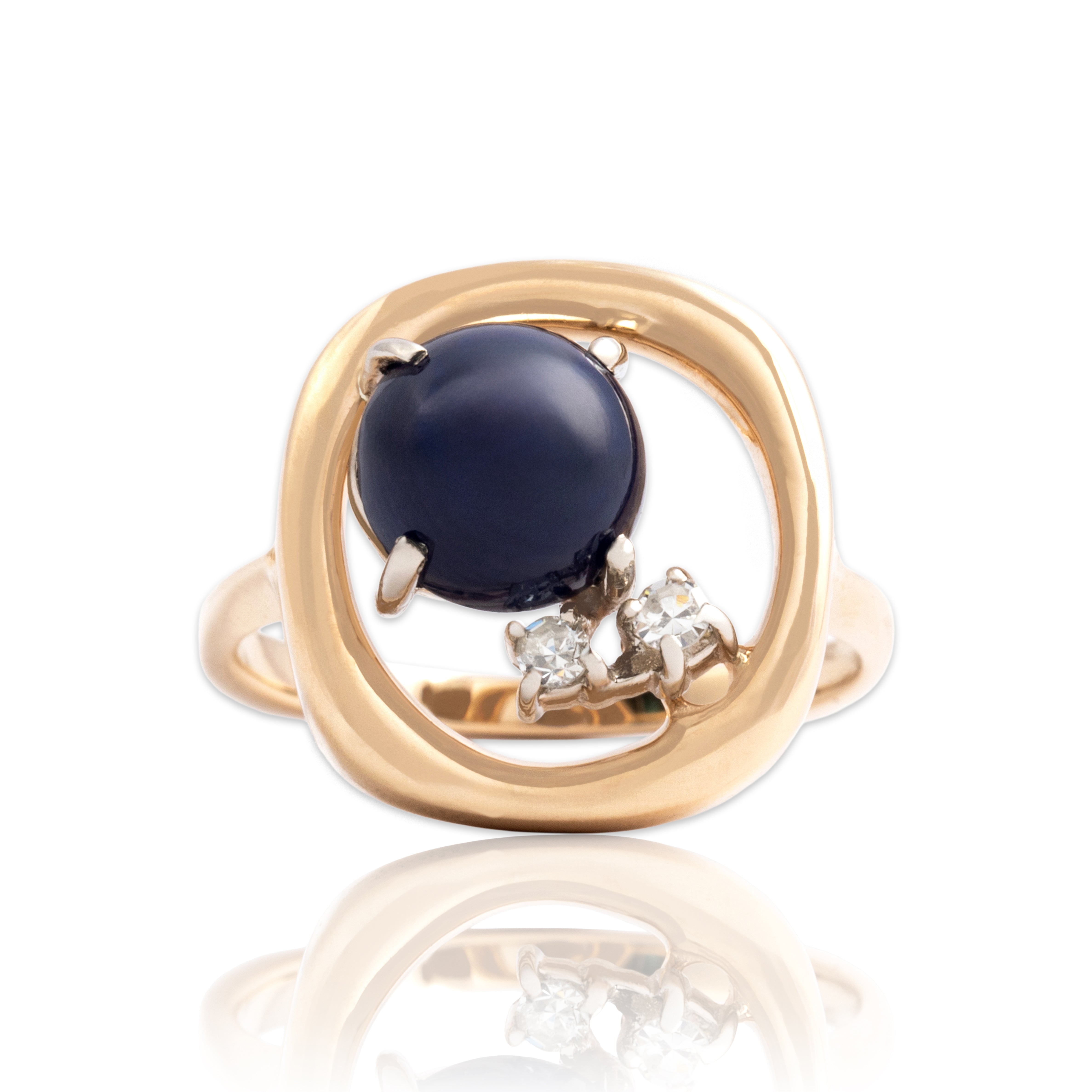 Vintage 14k Yellow Gold 2.83ct Synthetic Blue Star Sapphire Natural Diamond Cosmic Orbital Squared Ring - Close-up view