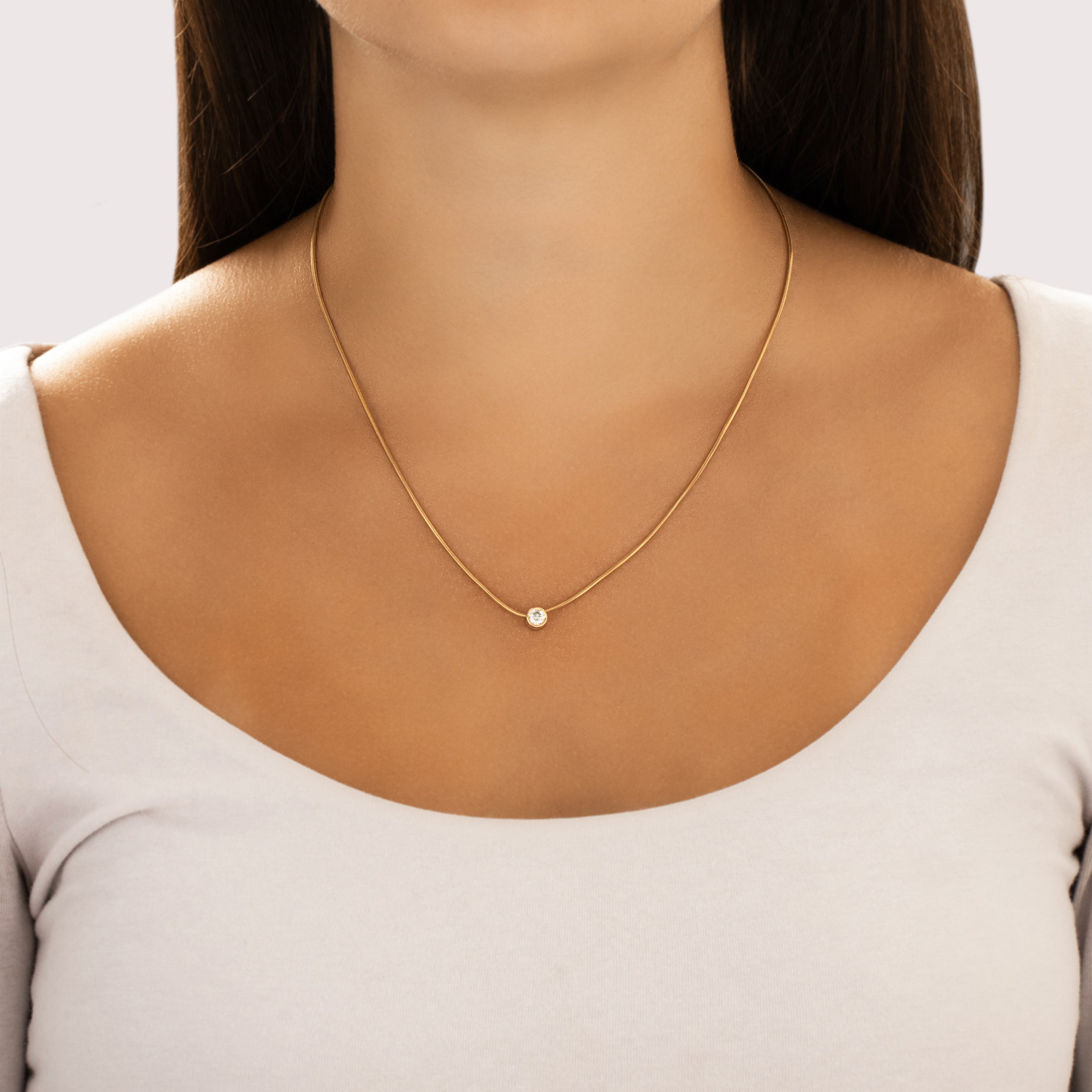 Vintage 14k Yellow Gold Diamond Stunning Snake Chain Bezel Solitaire Necklace - On model view