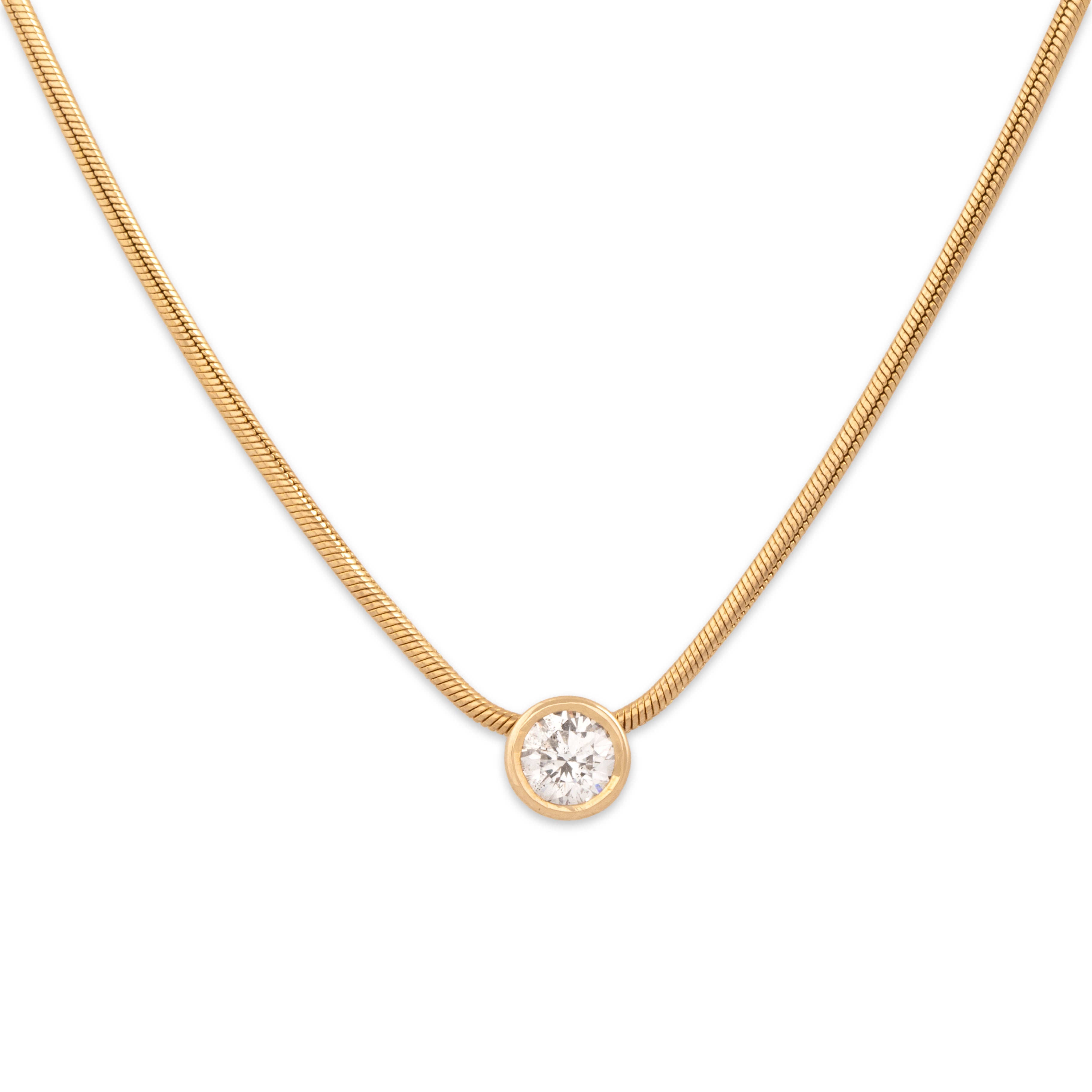 Vintage 14k Yellow Gold Diamond Stunning Snake Chain Bezel Solitaire Necklace - detail view #2