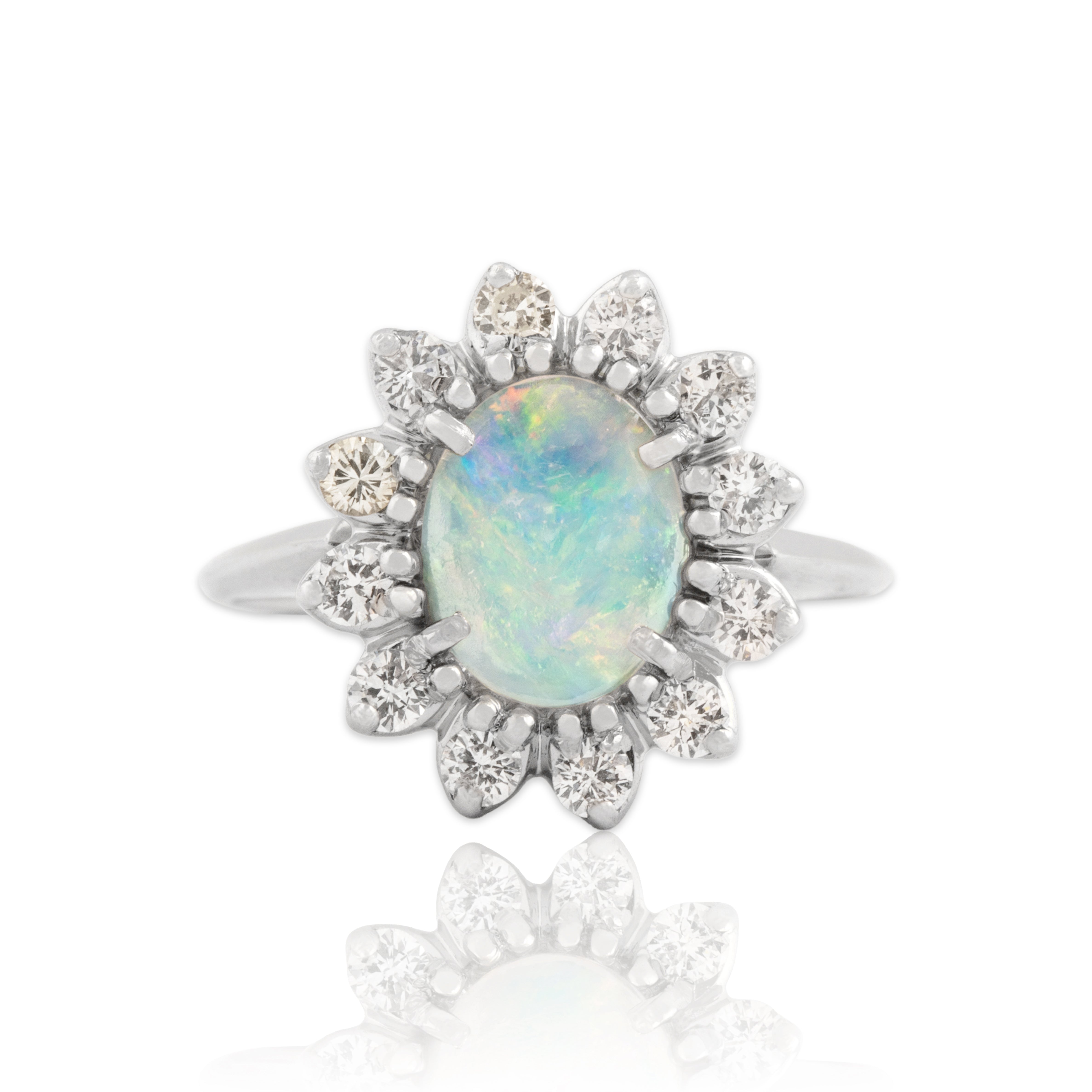 Vintage 14k White Gold Opal Diamond Luminous Rainbow Halo Ring 6.50