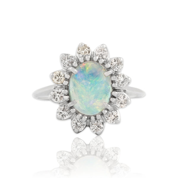 Vintage 14k White Gold Opal Diamond Luminous Rainbow Halo Ring 6.50