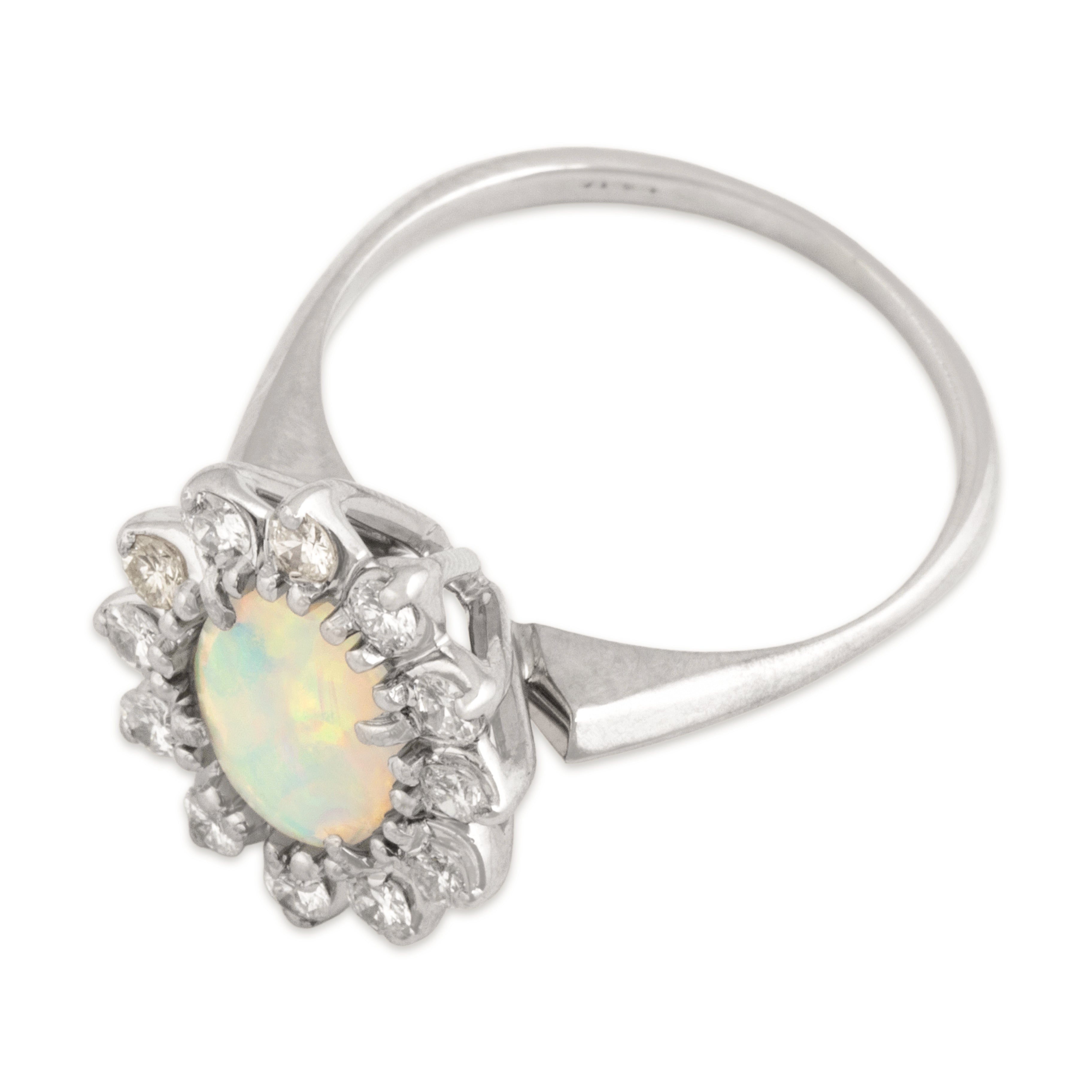 Vintage 14k White Gold Opal Diamond Luminous Rainbow Halo Ring 6.50