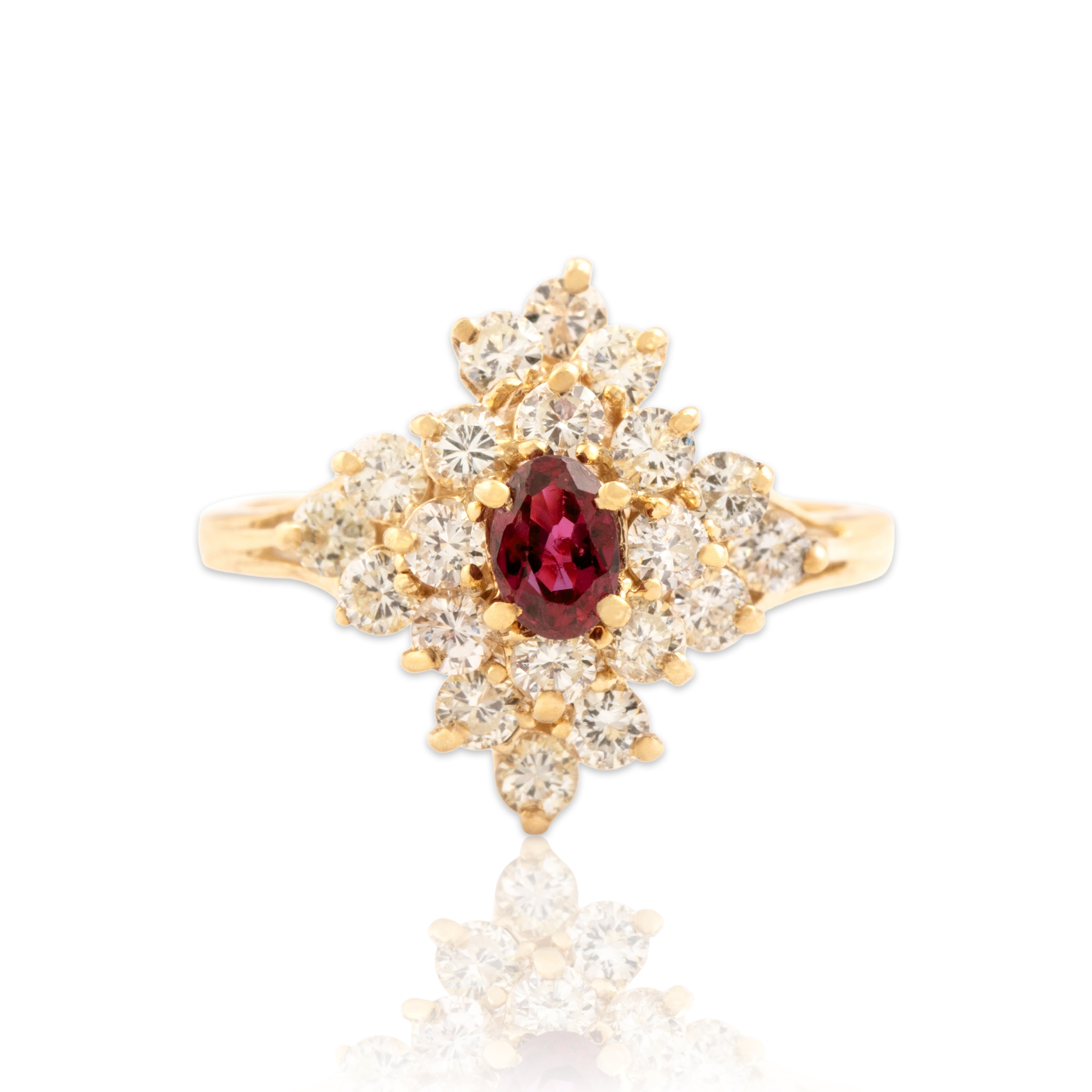 Vintage 14k Yellow Gold .85cttw Diamond Ruby Dazzling Stacked Cluster Ring 7.00