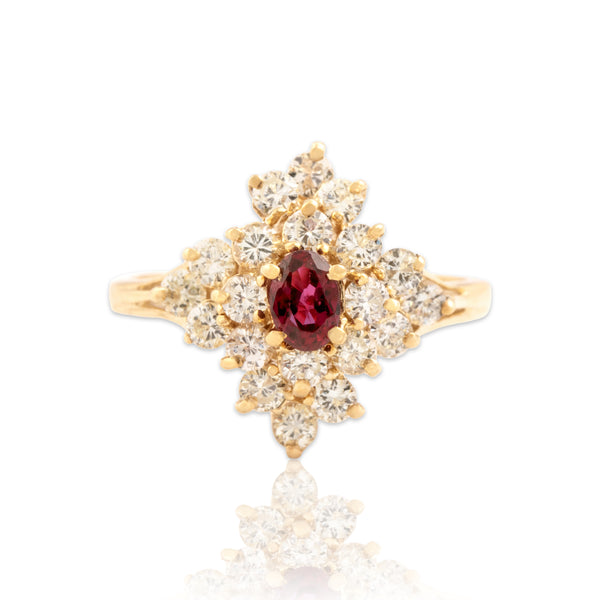 Vintage 14k Yellow Gold .85cttw Diamond Ruby Dazzling Stacked Cluster Ring 7.00