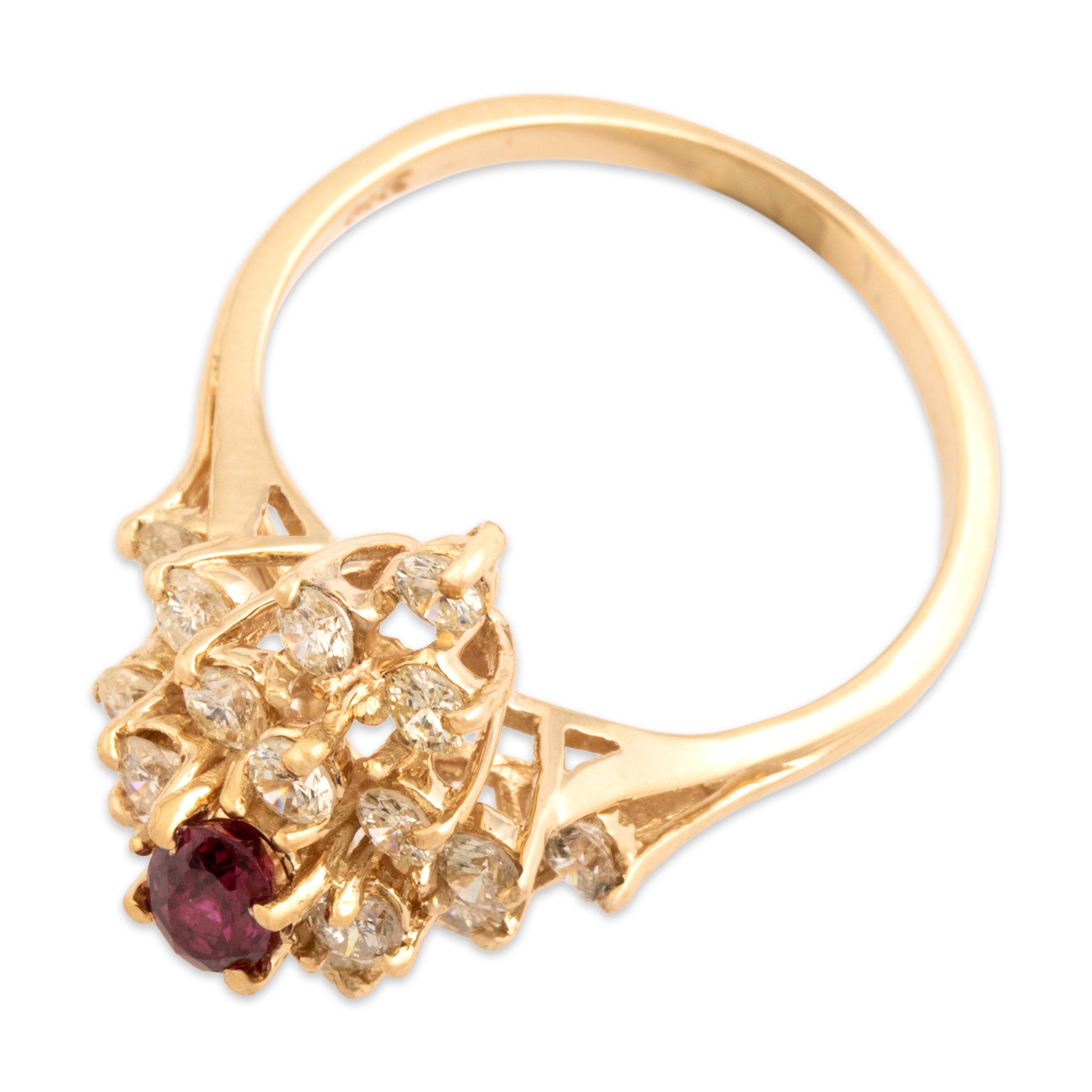 Vintage 14k Yellow Gold .85cttw Diamond Ruby Dazzling Stacked Star Cluster Ring - Overall view