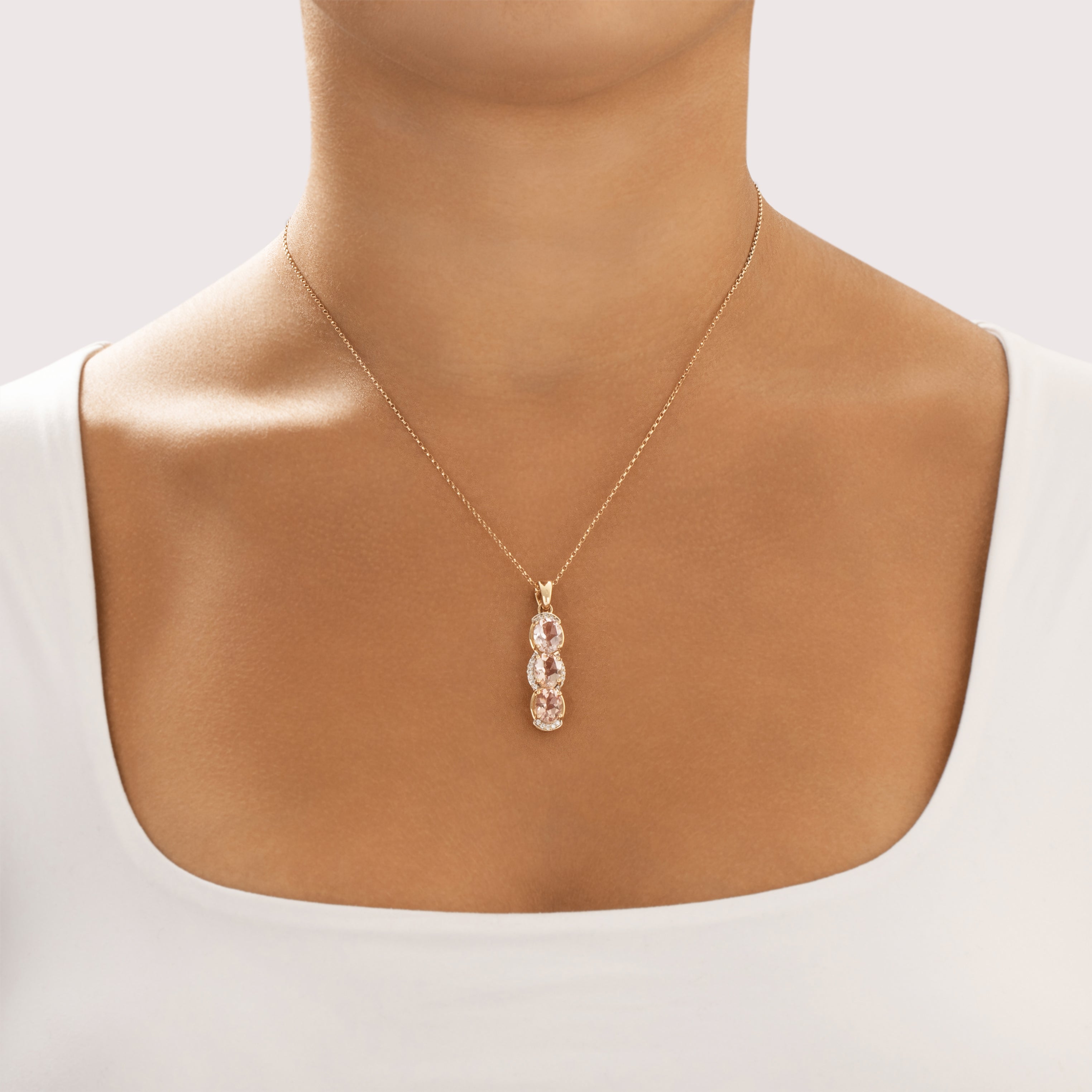 Estate Lance Fischer 14k Yellow Gold 4.19cttw Morganite Diamond Dazzling Oval Trio Enhancer Pendant - On model view