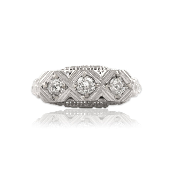 Antique 14k White Gold Old Mine Cut Diamond Floral Openwork Bar Ring 5.75