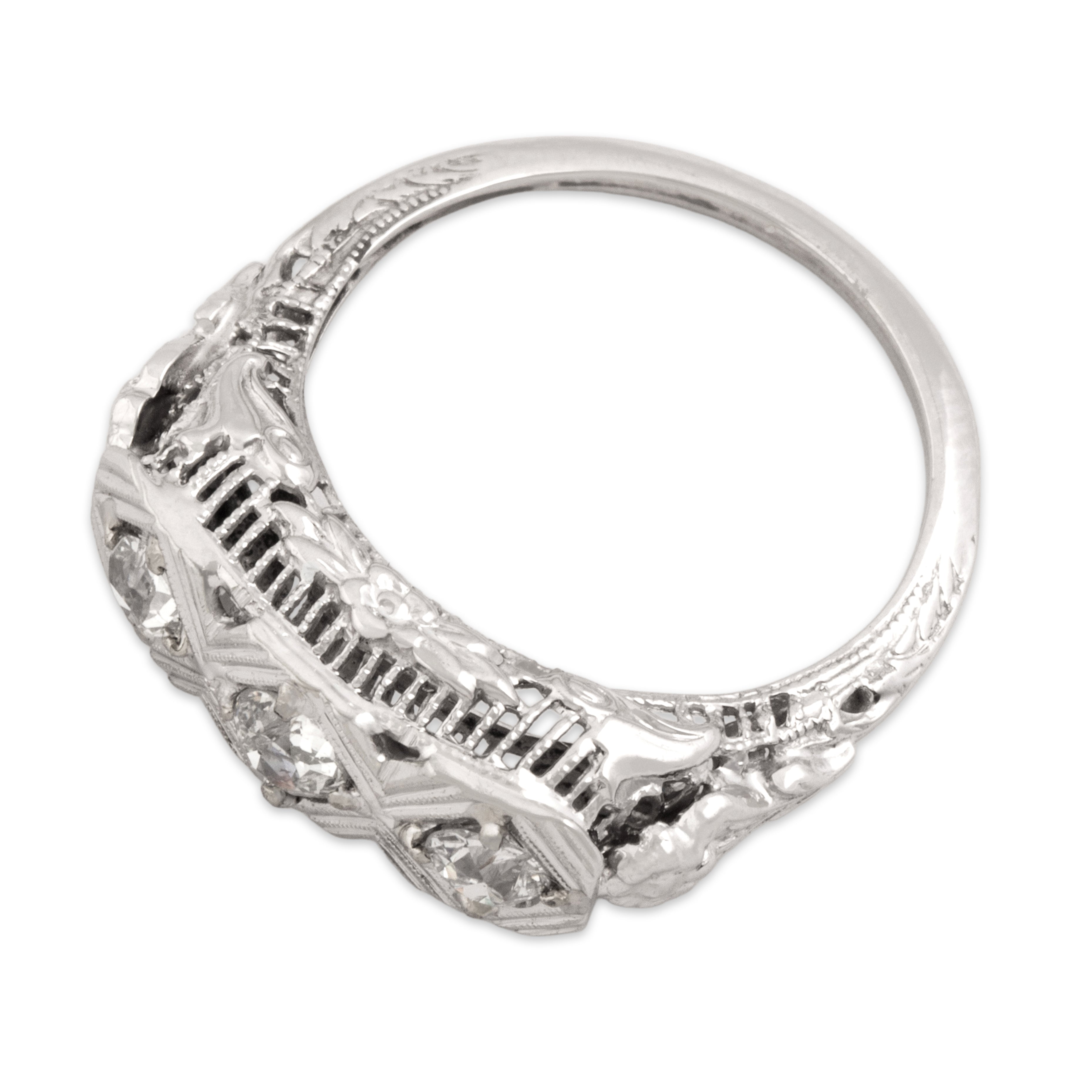 Antique 14k White Gold Old Mine Cut Diamond Intricate Floral Openwork Bar Ring - Overall view
