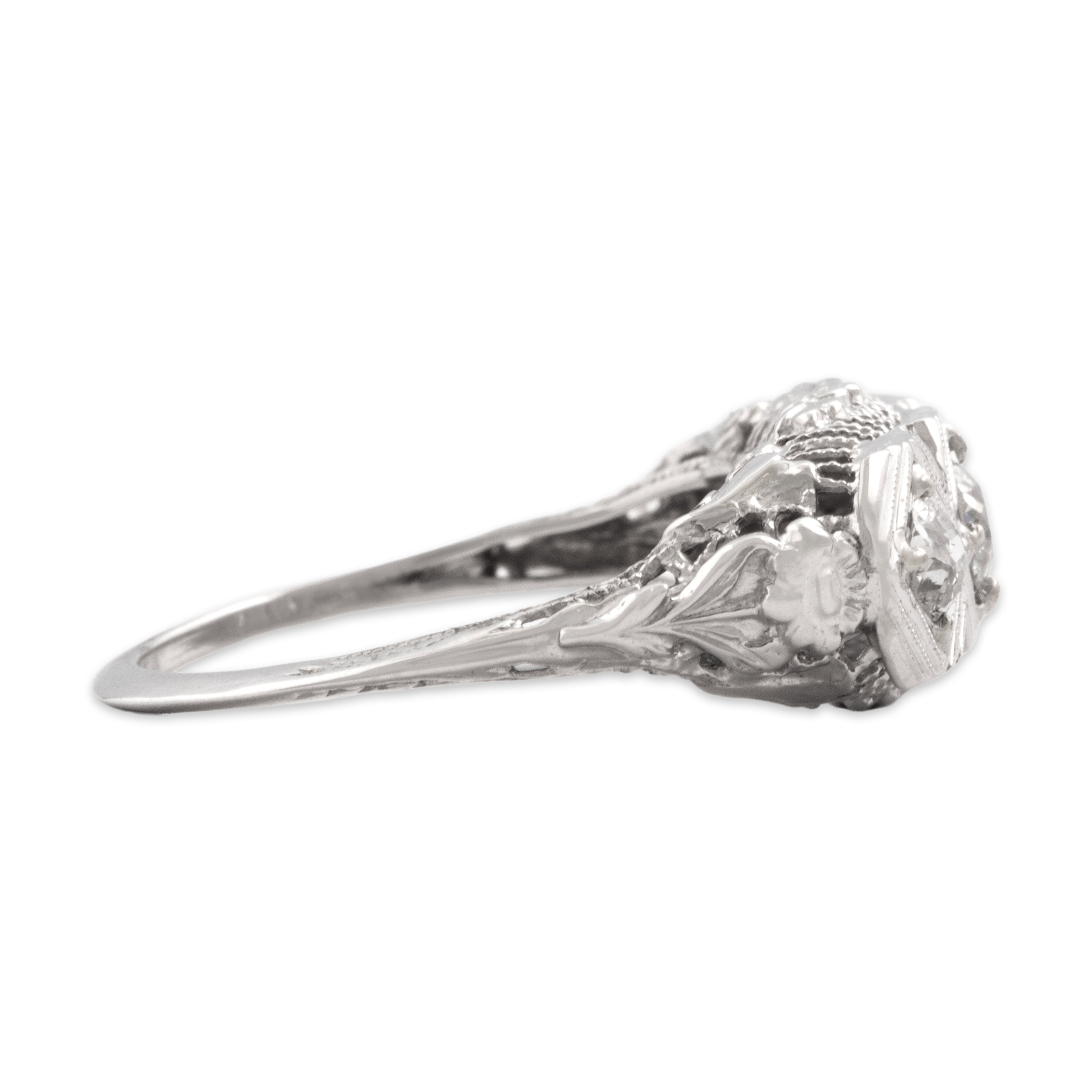 Antique 14k White Gold Old Mine Cut Diamond Intricate Floral Openwork Bar Ring - Side view