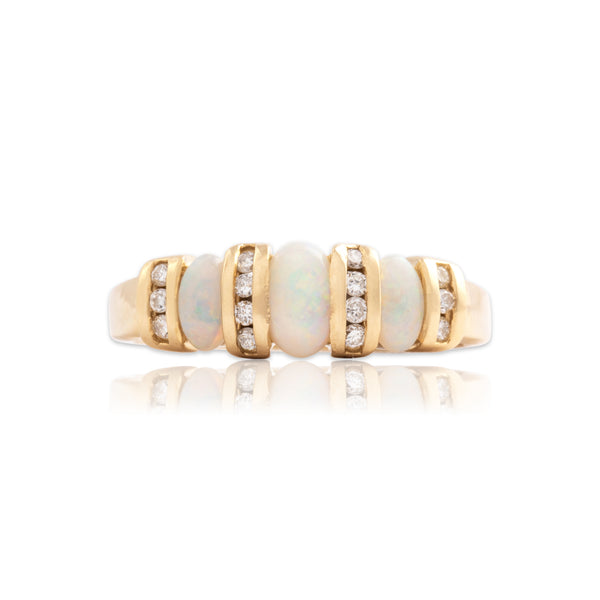 Vintage 14k Yellow Gold Opal Diamond Iridescent Alternating Channel Ring 7.00