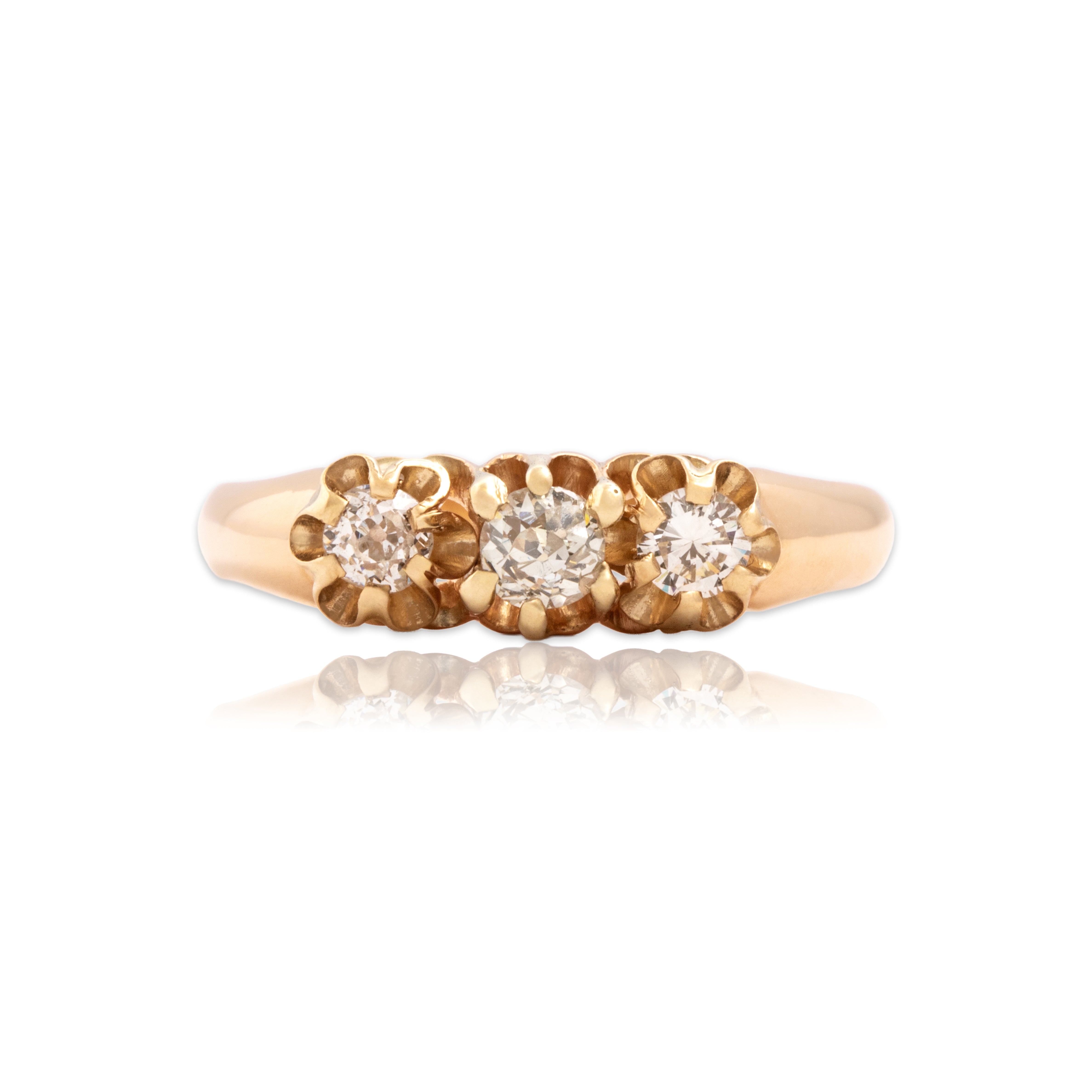Antique 14k Rosy Yellow Gold Old Mine Cut Diamond Glimmering Buttercup-Set Trio Line Ring - Close-up view