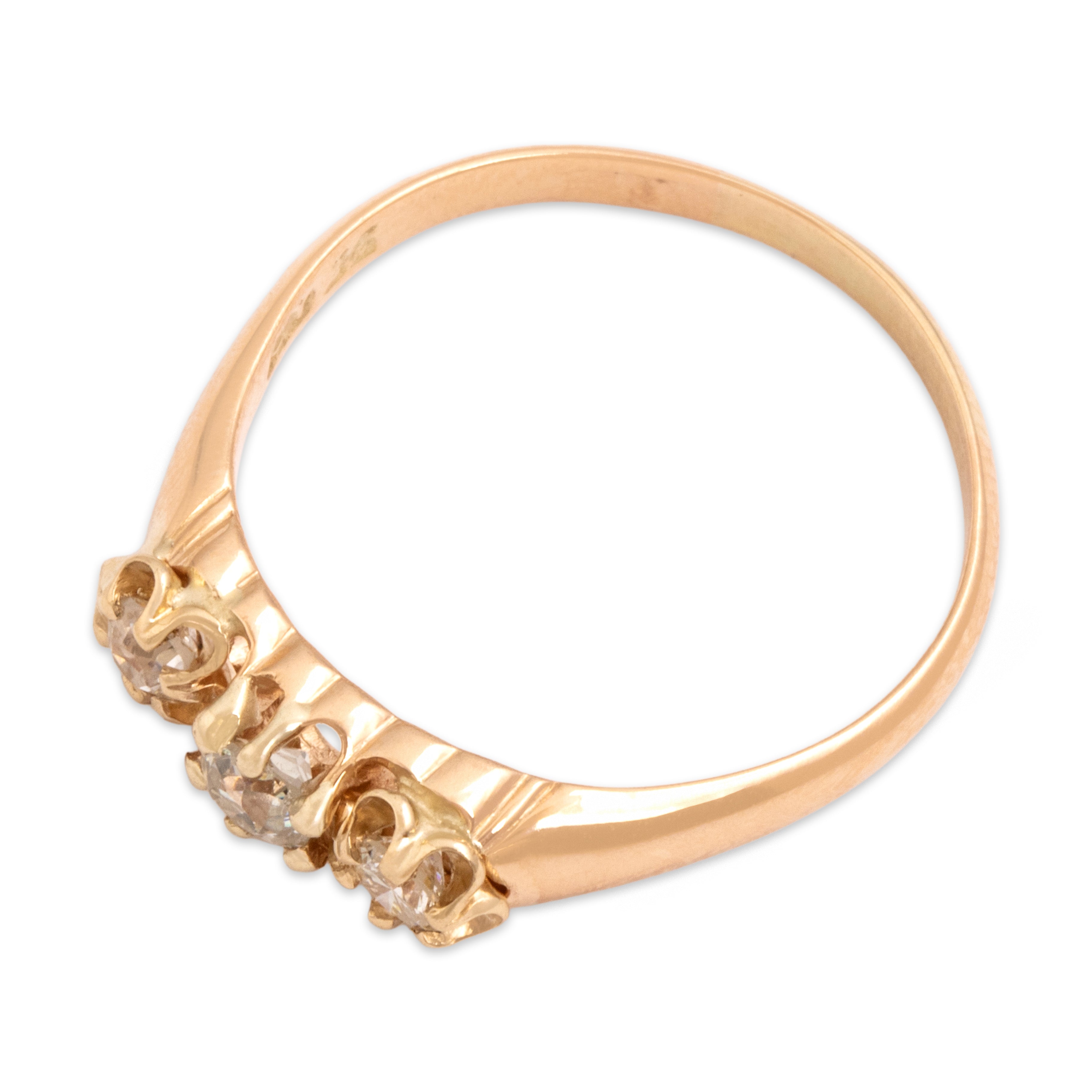 Antique 14k Rosy Yellow Gold Old Mine Cut Diamond Glimmering Buttercup-Set Trio Line Ring - Overall view
