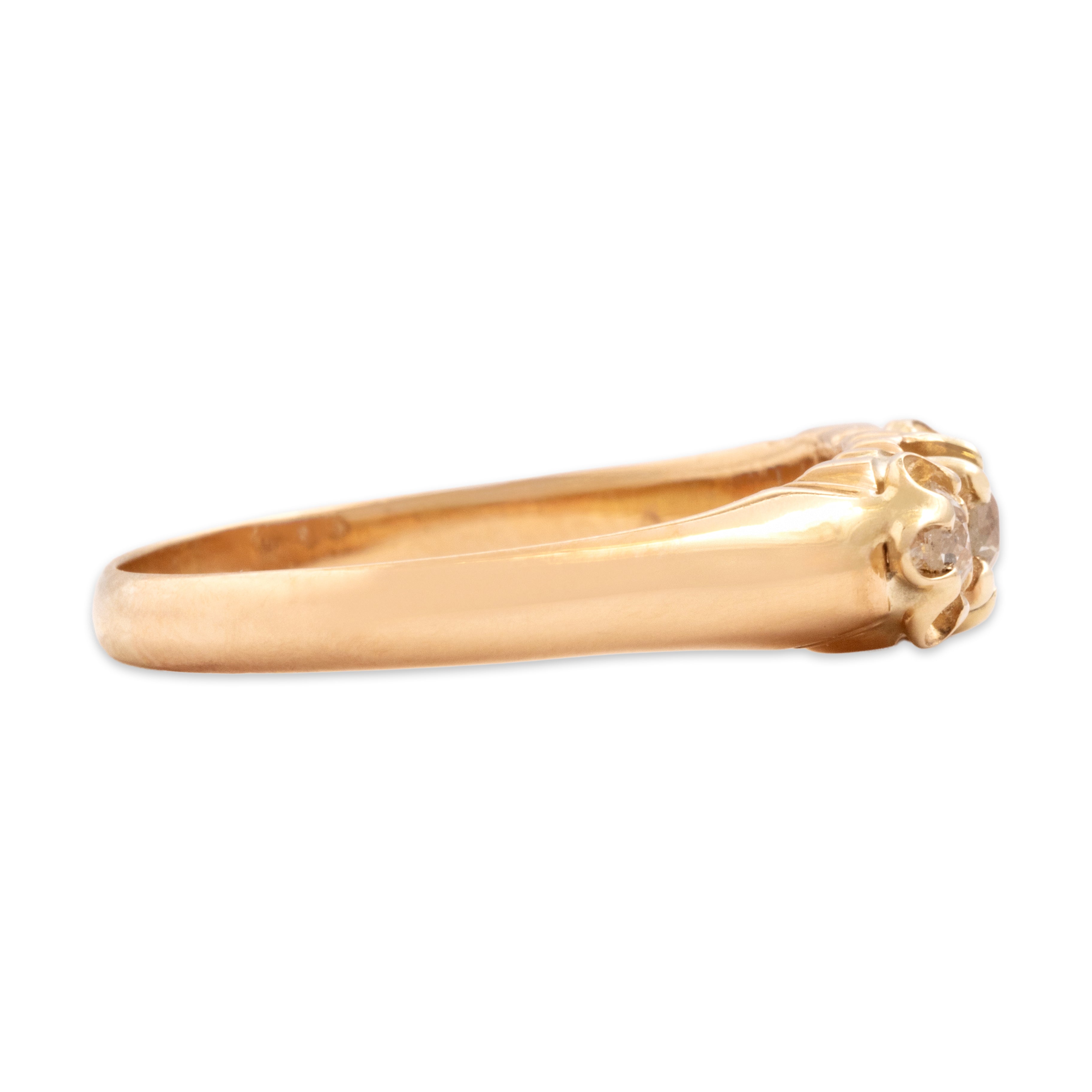 Antique 14k Rosy Yellow Gold Old Mine Cut Diamond Glimmering Buttercup-Set Trio Line Ring - Side view