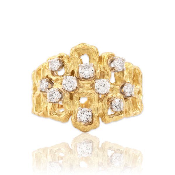 Vintage 18k Yellow Gold .59cttw Diamond Brutalist Organic Cluster Ring - Close-up view