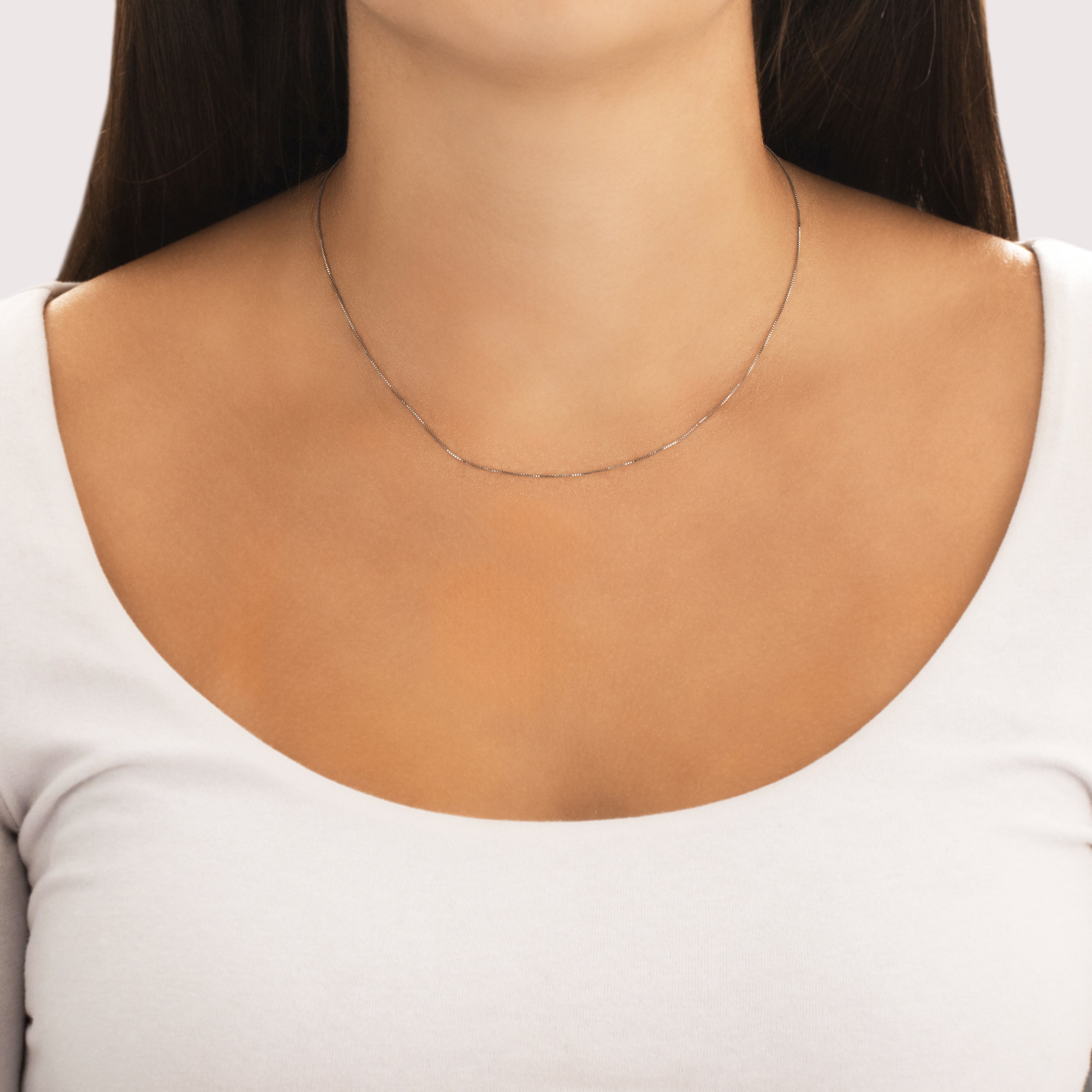 Vintage Italian 18k White & Yellow Gold .5mm Sleek Delicate Box Chain - On model view