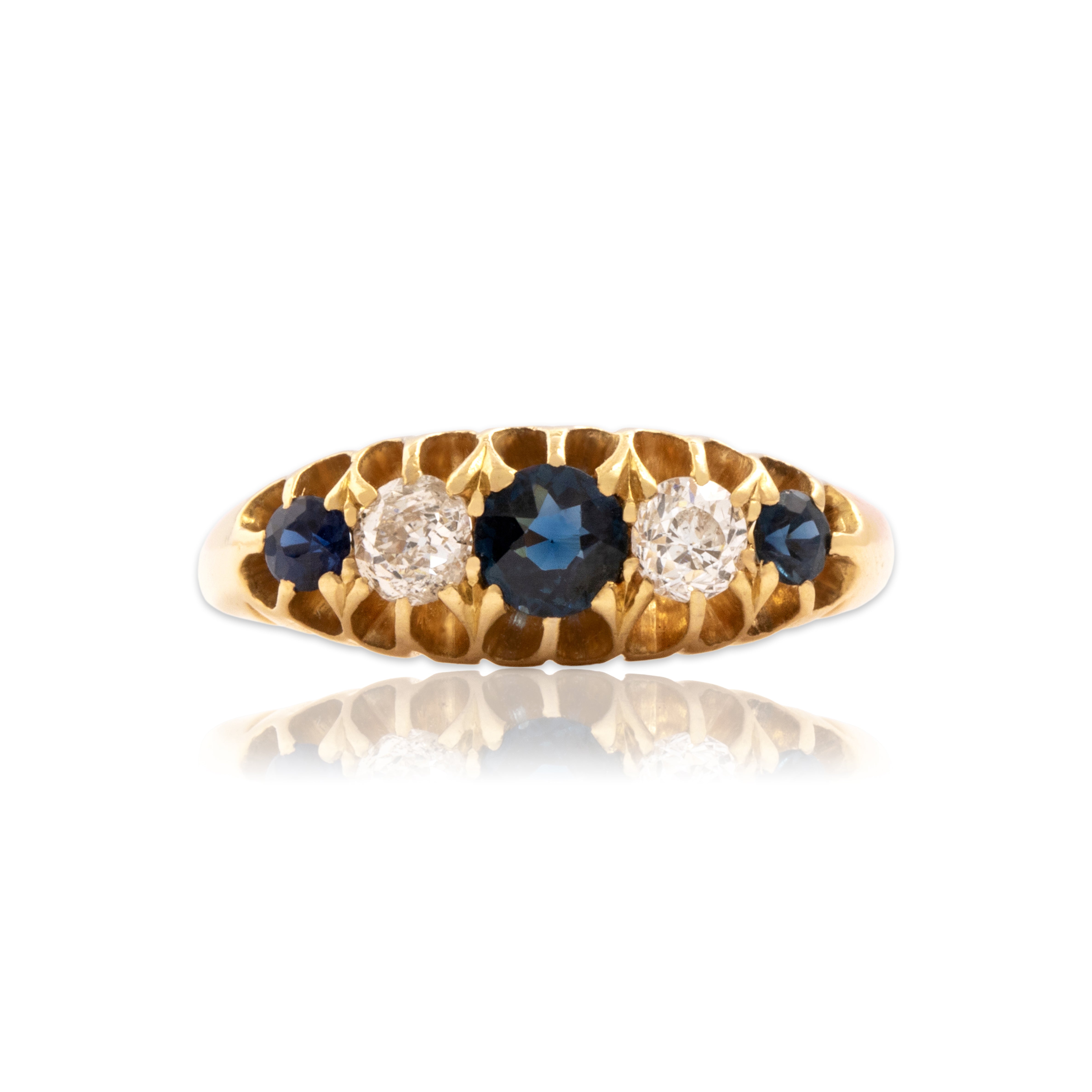 Antique English 18k Yellow Gold Blue Sapphire Old Mine Cut Diamond Belcher-Set Line Ring - Close-up view