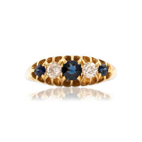 Antique English 18k Yellow Gold Blue Sapphire Old Mine Diamond Ruffled Ring 5.50