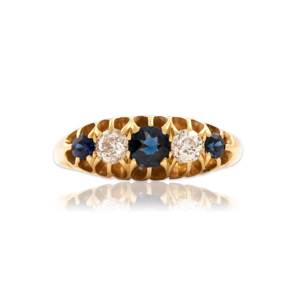 Antique English 18k Yellow Gold Blue Sapphire Old Mine Diamond Ruffled Ring 5.50