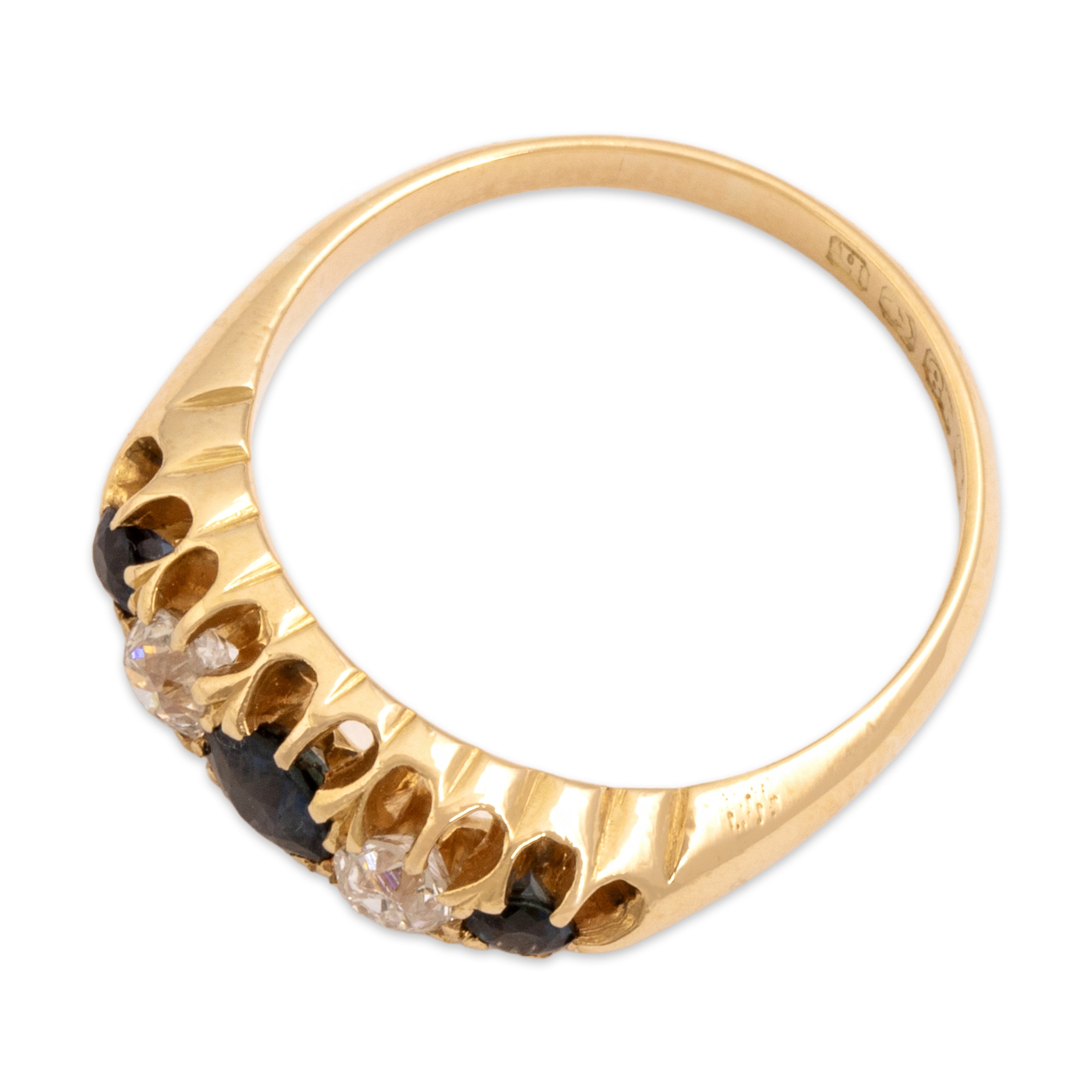 Antique English 18k Yellow Gold Blue Sapphire Old Mine Cut Diamond Belcher-Set Line Ring - Overall view