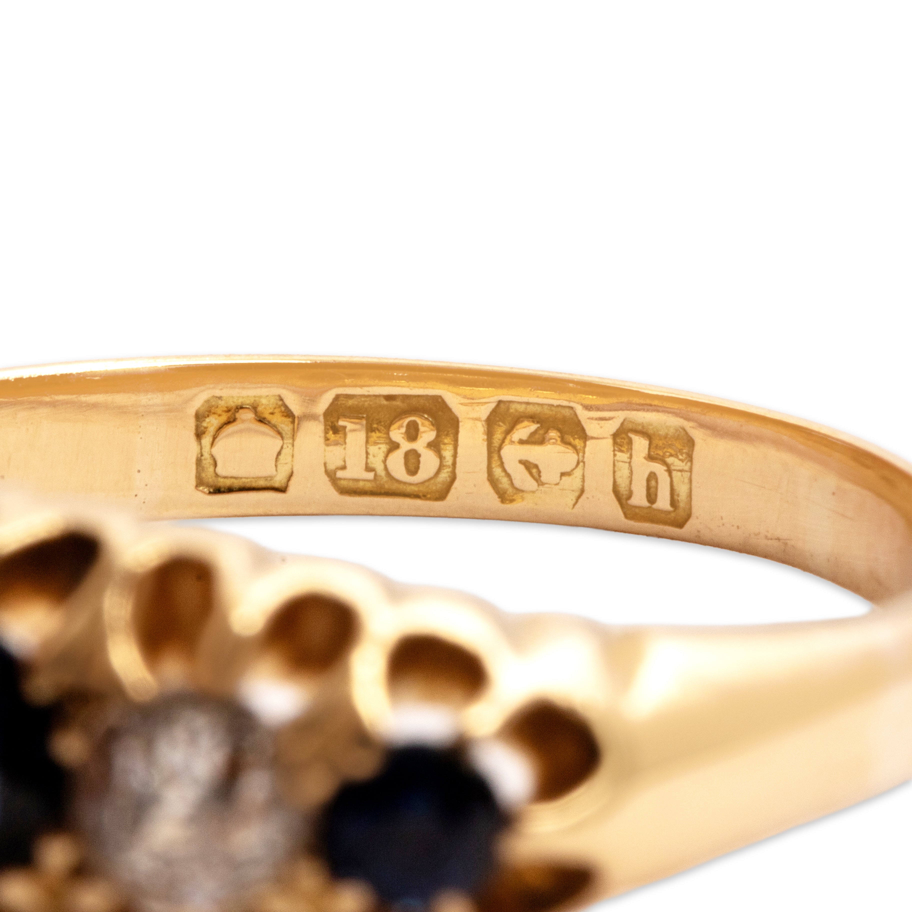 Antique English 18k Yellow Gold Blue Sapphire Old Mine Cut Diamond Belcher-Set Line Ring - Hallmark view