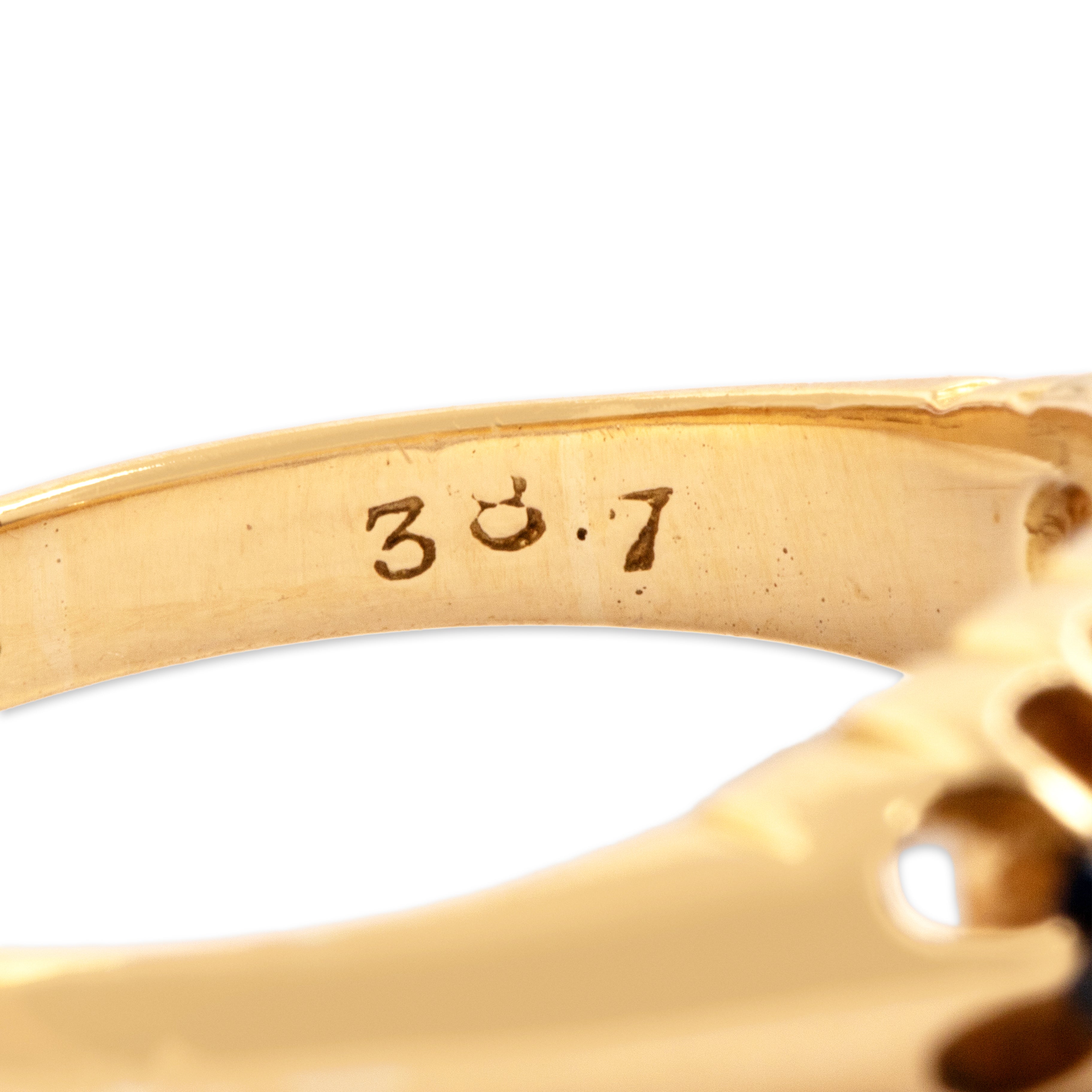 Antique English 18k Yellow Gold Blue Sapphire Old Mine Cut Diamond Belcher-Set Line Ring - Hallmark view
