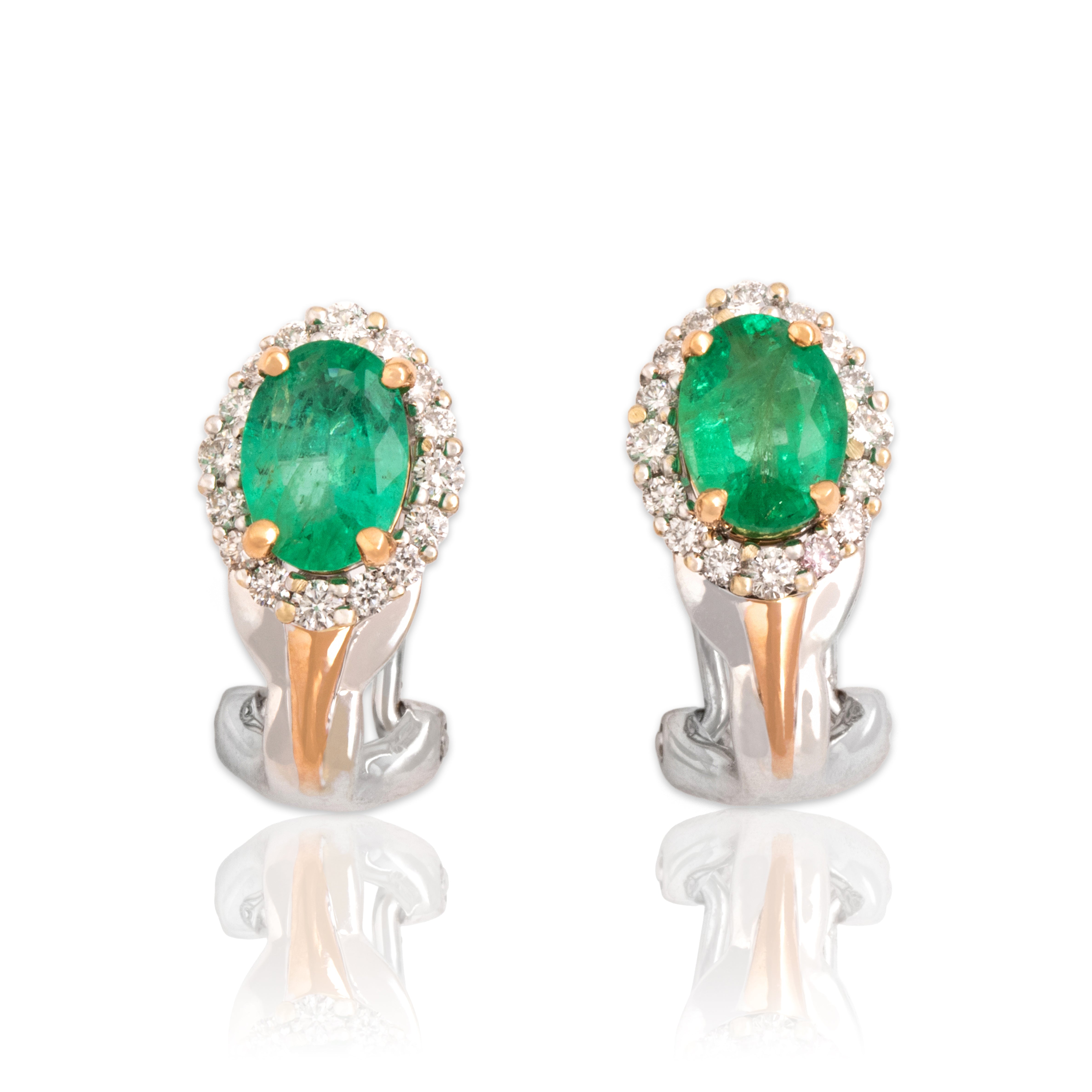 Vintage 18k White & Rose Gold 1.18cttw Emerald Diamond Glittering Oval Halo Omega-Back Earrings - Close-up view