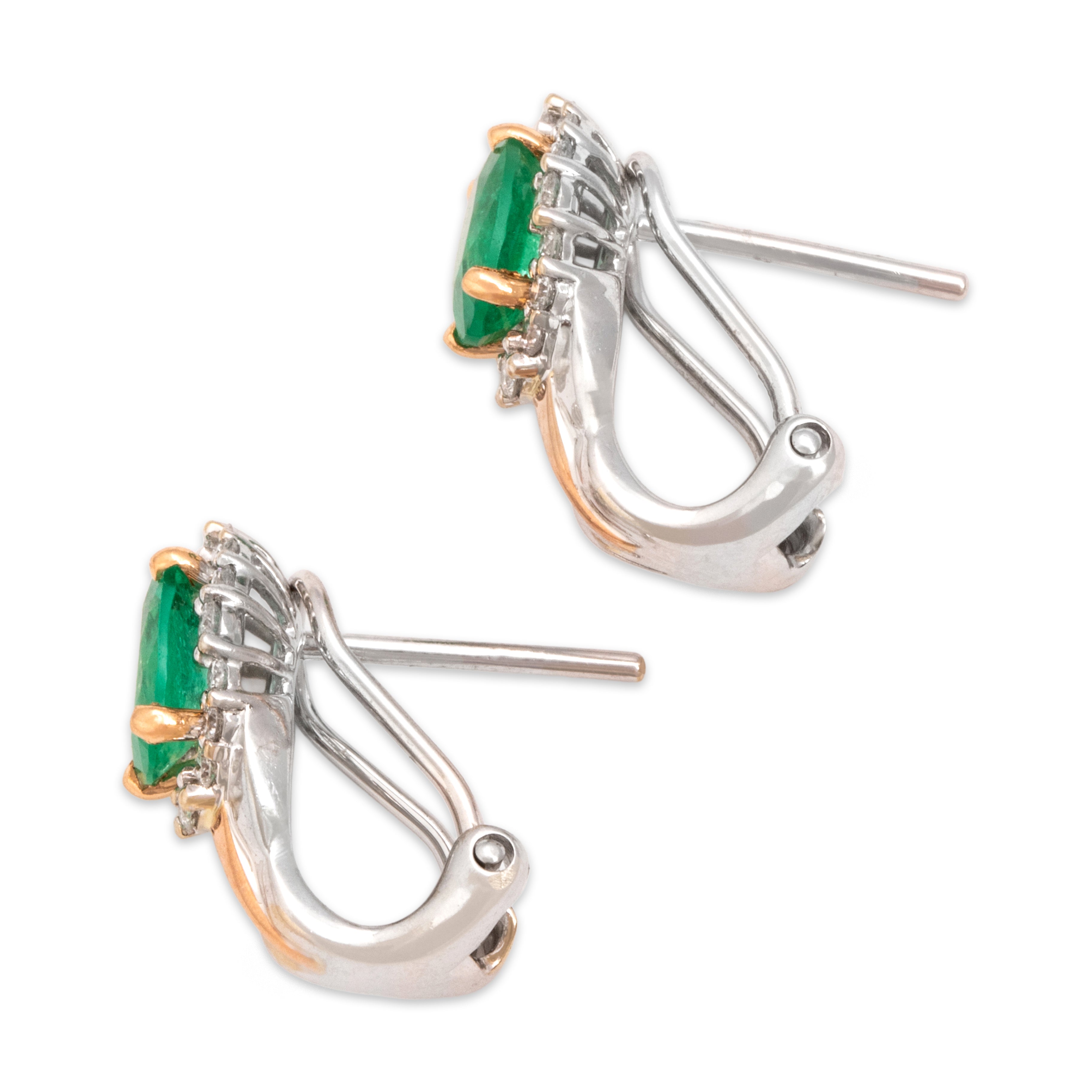 Vintage 18k White & Rose Gold 1.18cttw Emerald Diamond Glittering Oval Halo Omega-Back Earrings - Side view