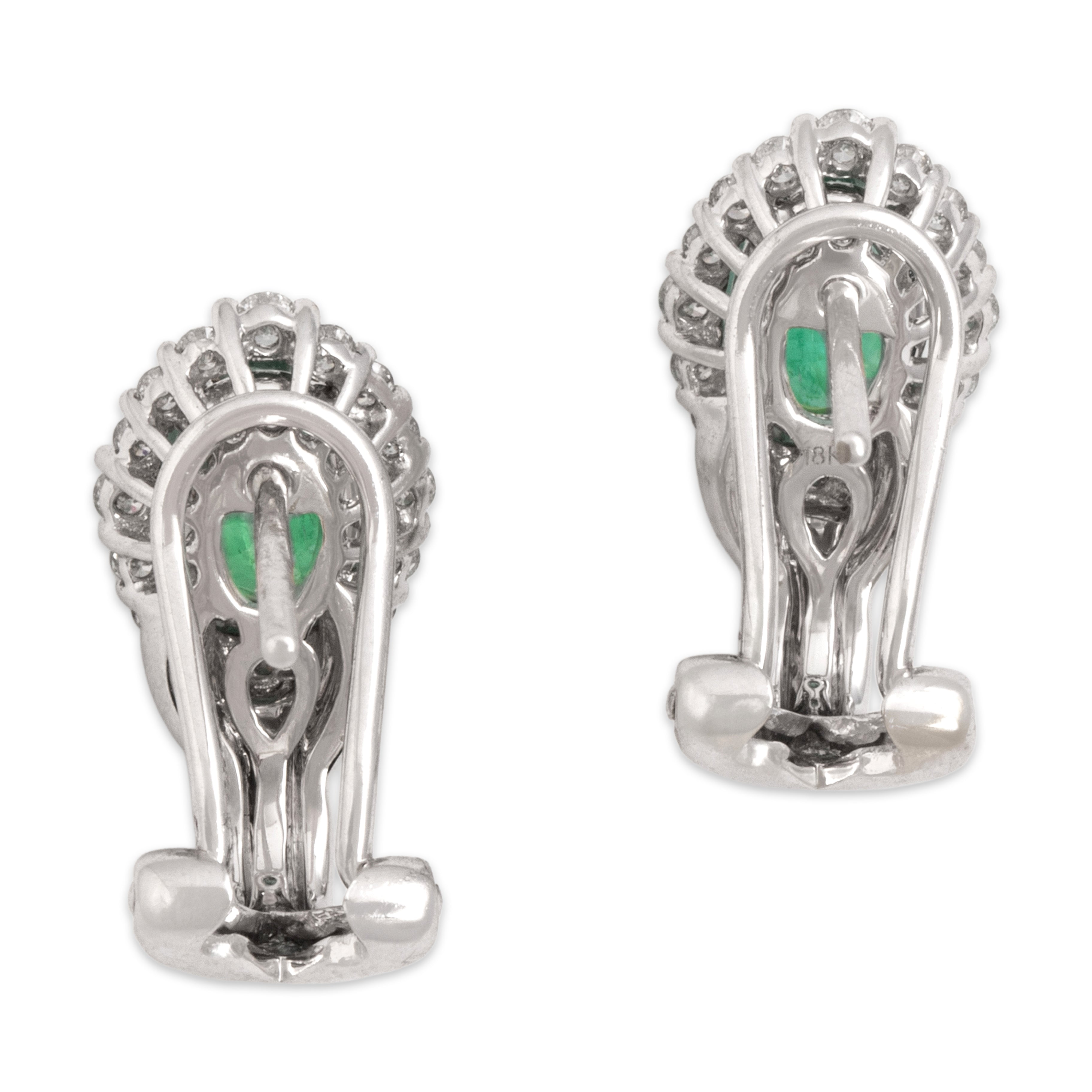 Vintage 18k White & Rose Gold 1.18cttw Emerald Diamond Glittering Oval Halo Omega-Back Earrings - Back view